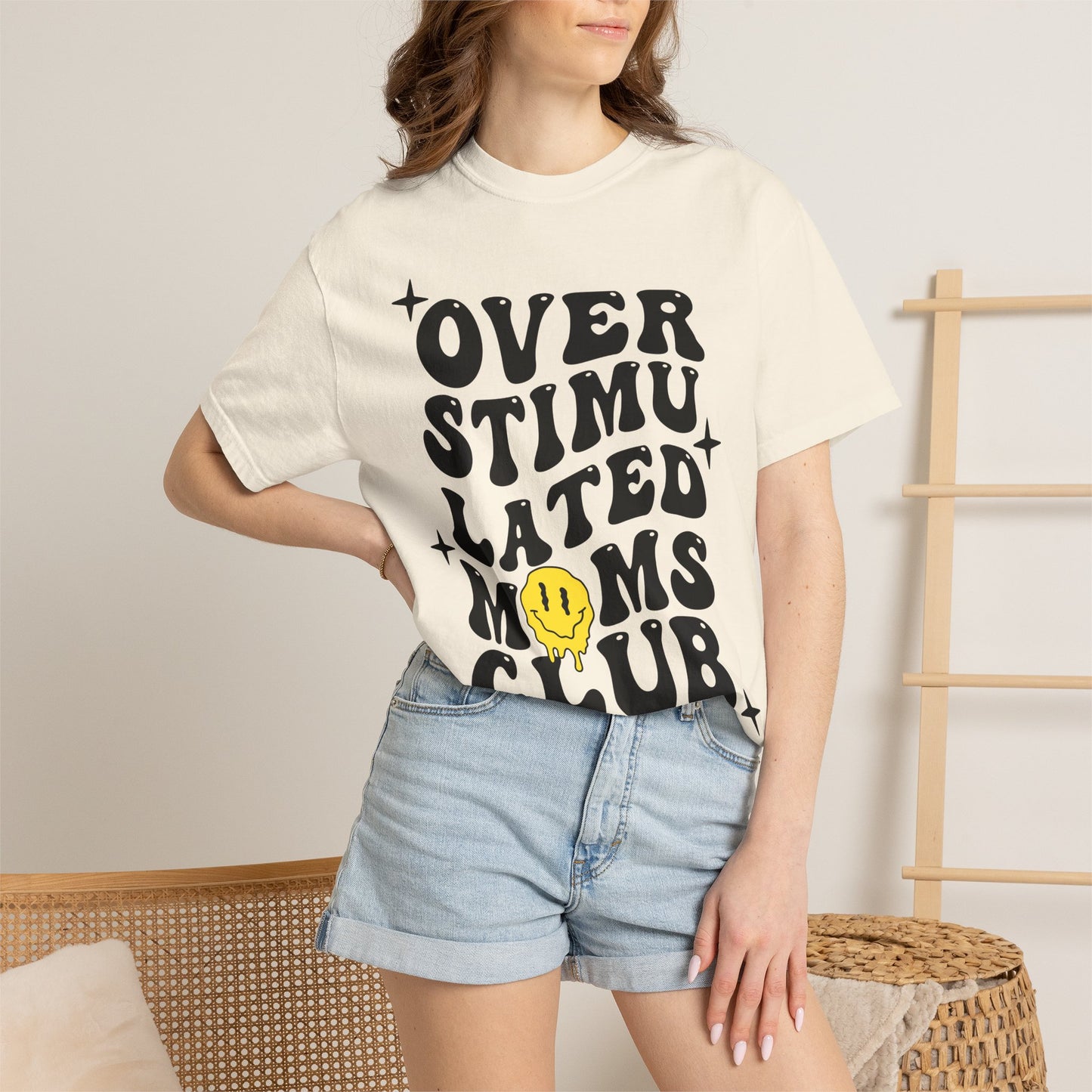 Overstimulated Moms Club T-Shirt — Retro Smile Graphic Tee for Busy Moms