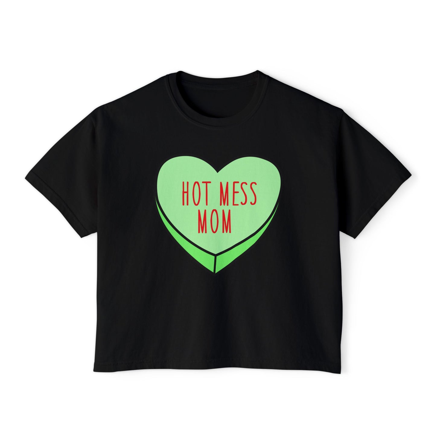Hot Mess Mom Boxy Tee — Funny Mom T‑Shirt, Retro Candy Heart Design