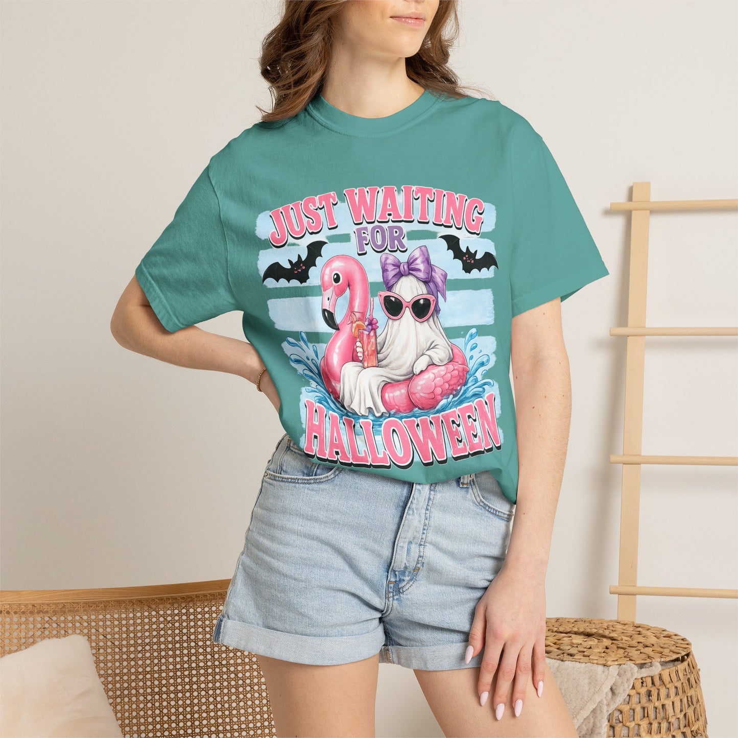 Halloween Flamingo T-Shirt — "Just Waiting for Halloween" Cute Spooky Summer Vibe