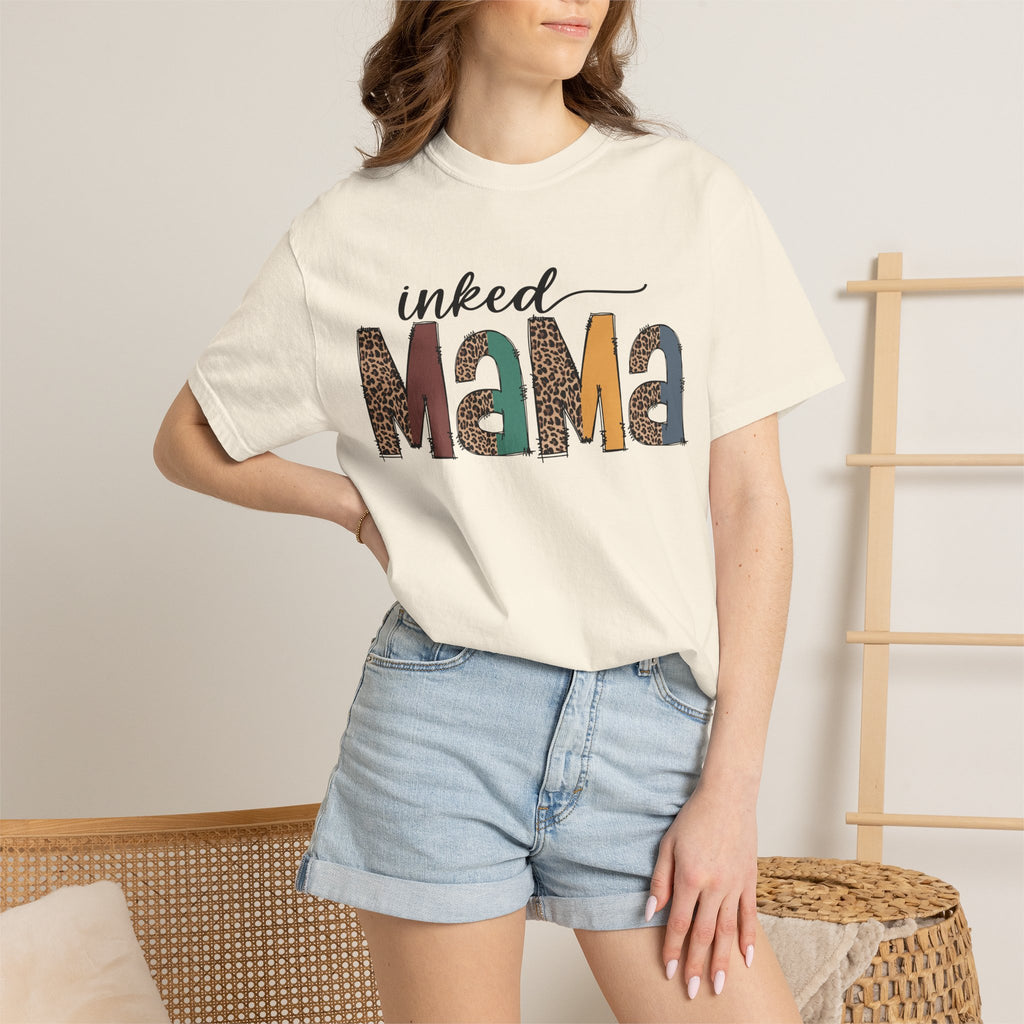 Inked Mama Graphic T-Shirt — Leopard & Patchwork Letters, Tattoo Mom Gift