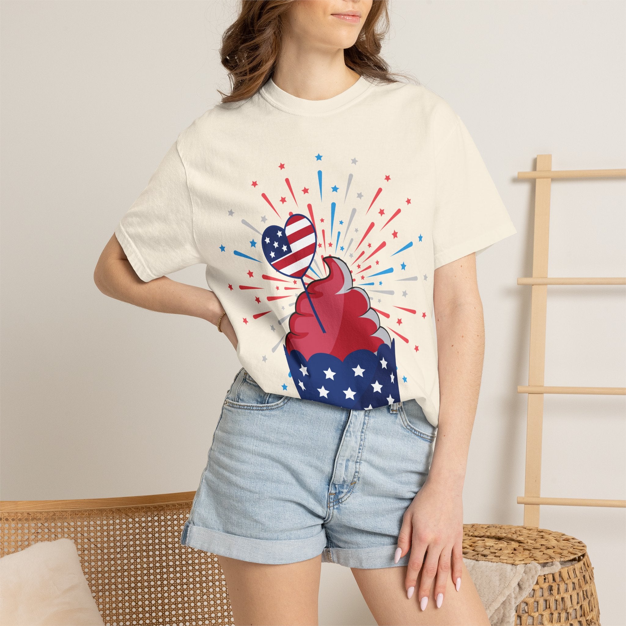 4th of July Patriotic Cupcake T-Shirt — USA Flag Firework Bakery Graphic Tee