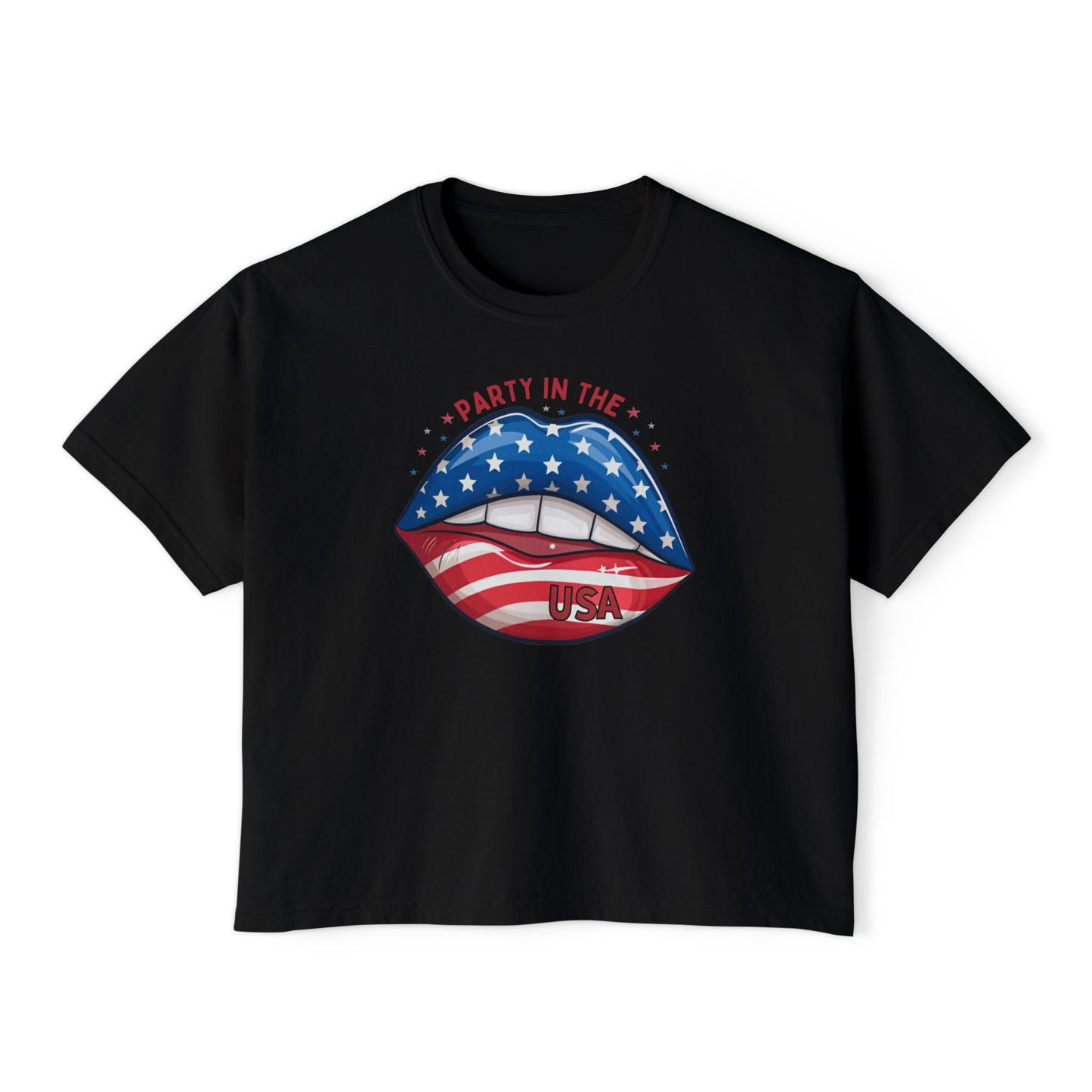 Patriotic Flag Lips Boxy Tee — "Party in the USA" 4th of July Shirt
