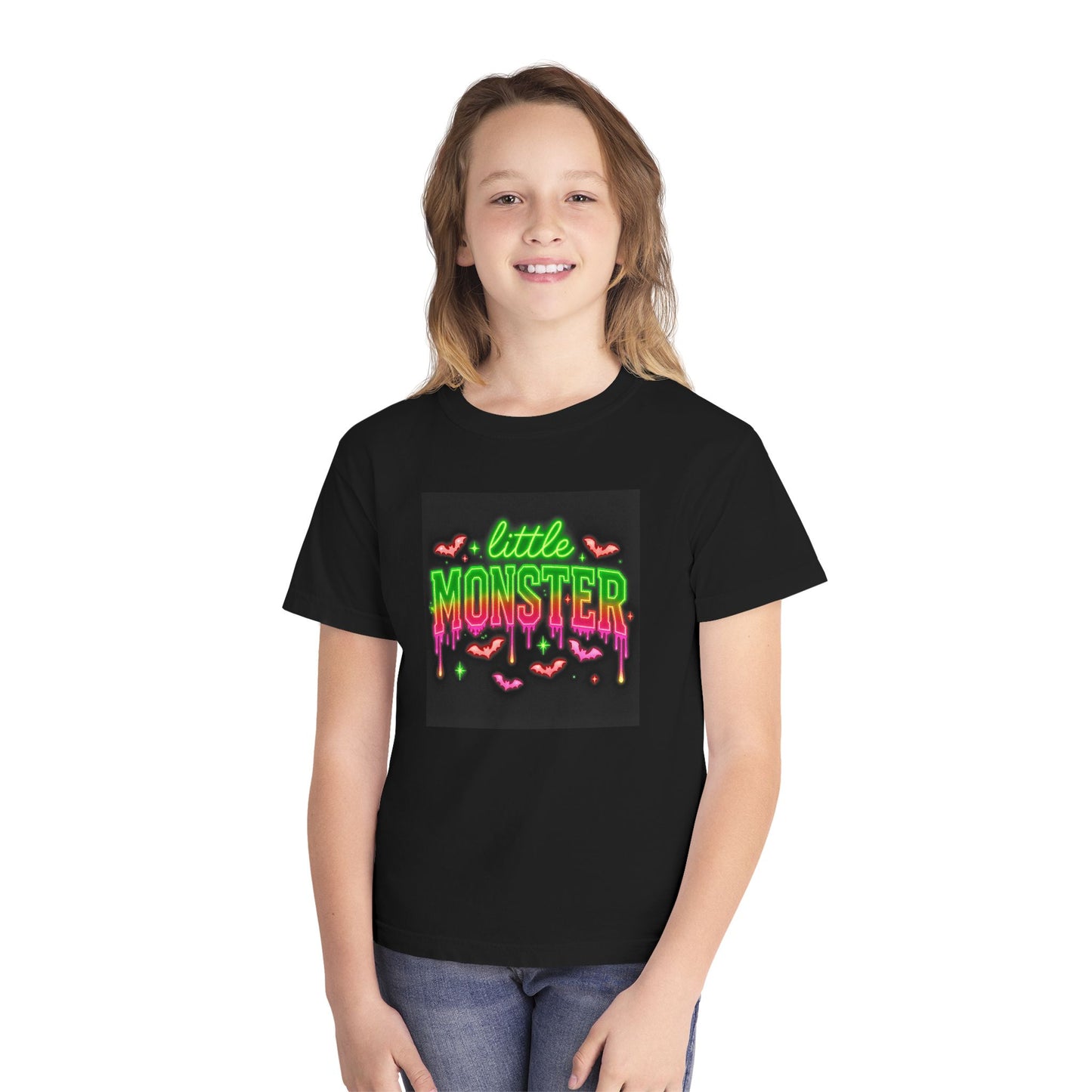 Little Monster Kids T-Shirt — Neon Halloween Cute Bat Graphic Tee