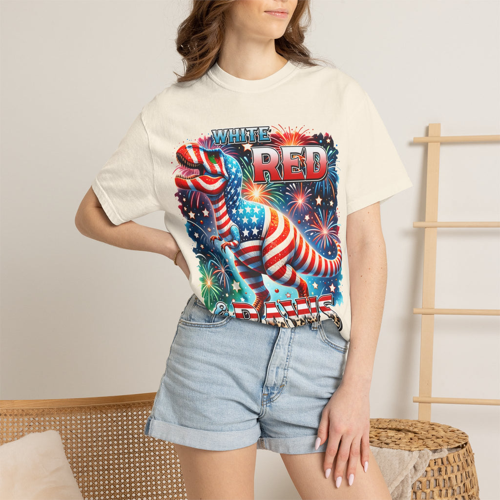 T-Shirt — "White, Red & Raws" Patriotic USA Dinosaur Fireworks Tee