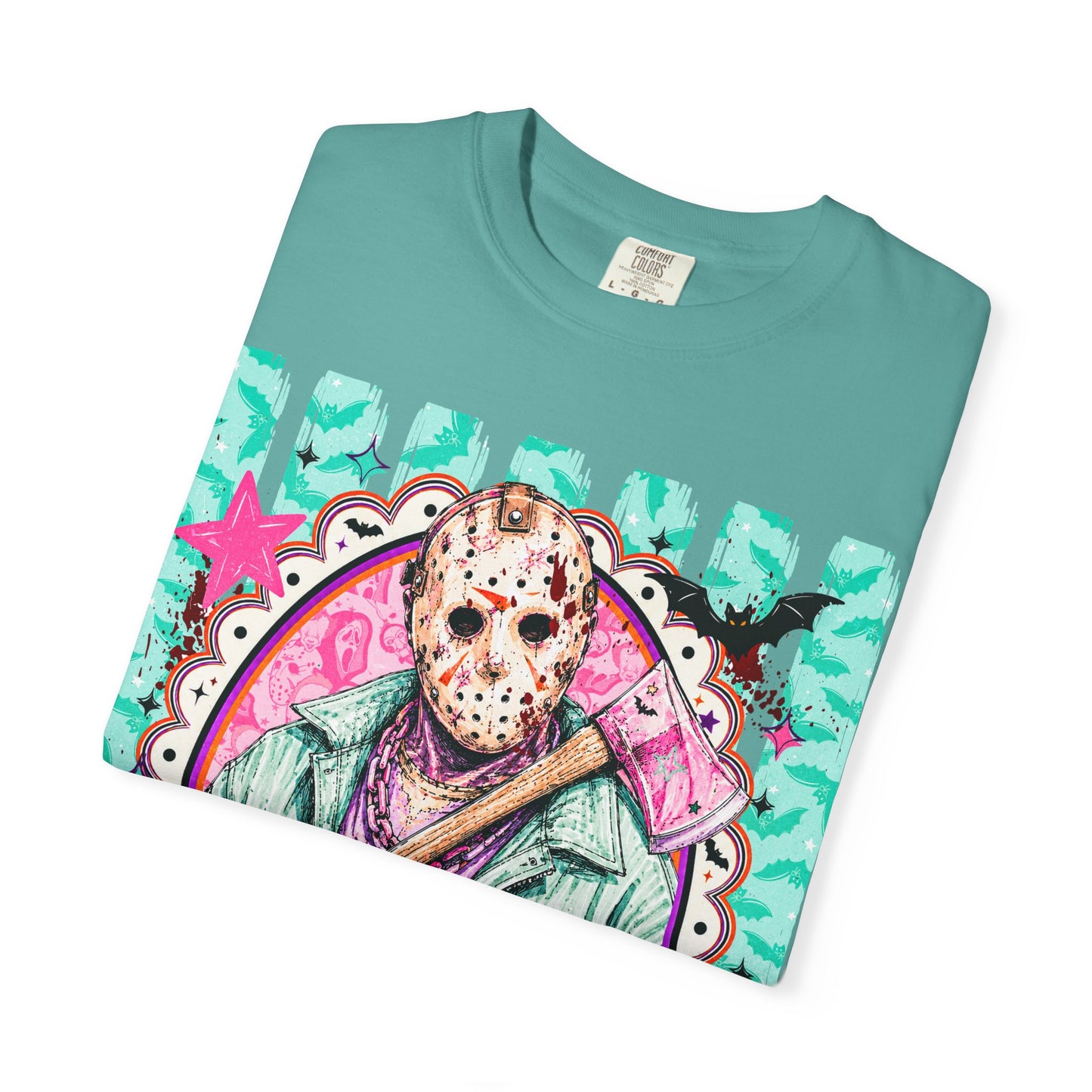 Hockey Mask Horror Graphic T-Shirt — Retro Pastel Jason Design