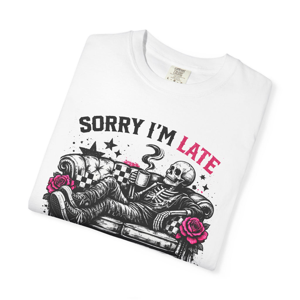 Skeleton "Sorry I’m Late" T-Shirt — Relaxed Skull Graphic Tee