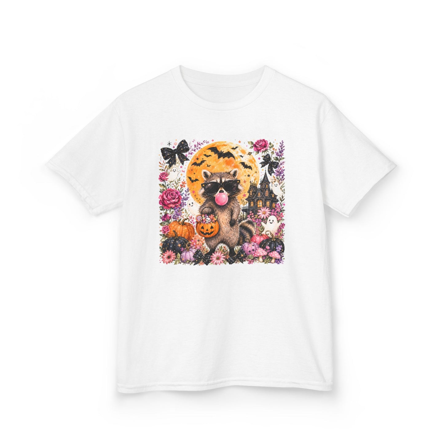 Kids Halloween Cat T-Shirt — Cute Black Cat with Pumpkin & Moon