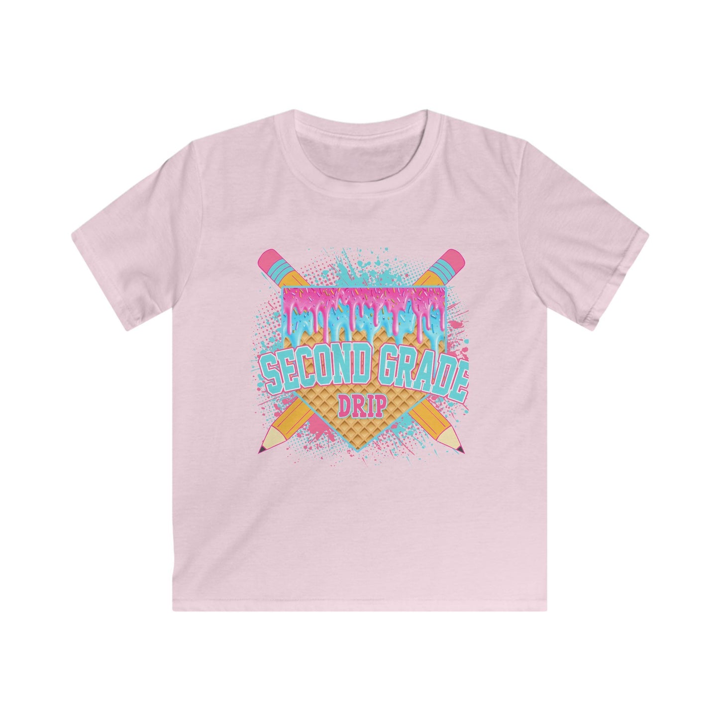 Second Grade Drip Kids T‑Shirt — Colorful Pencil Back‑to‑School Tee
