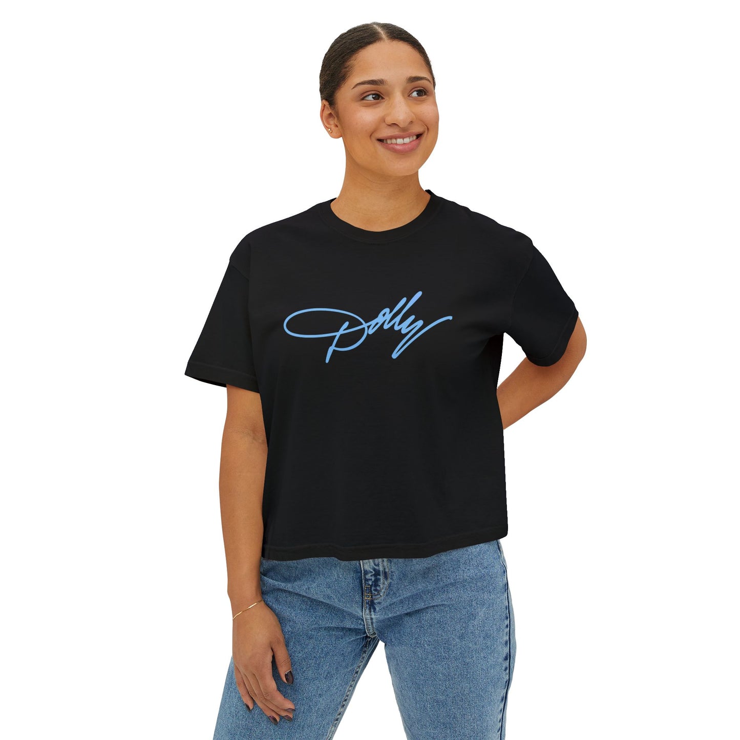 Dolly Script Boxy Tee — Casual Signature Crop T‑Shirt