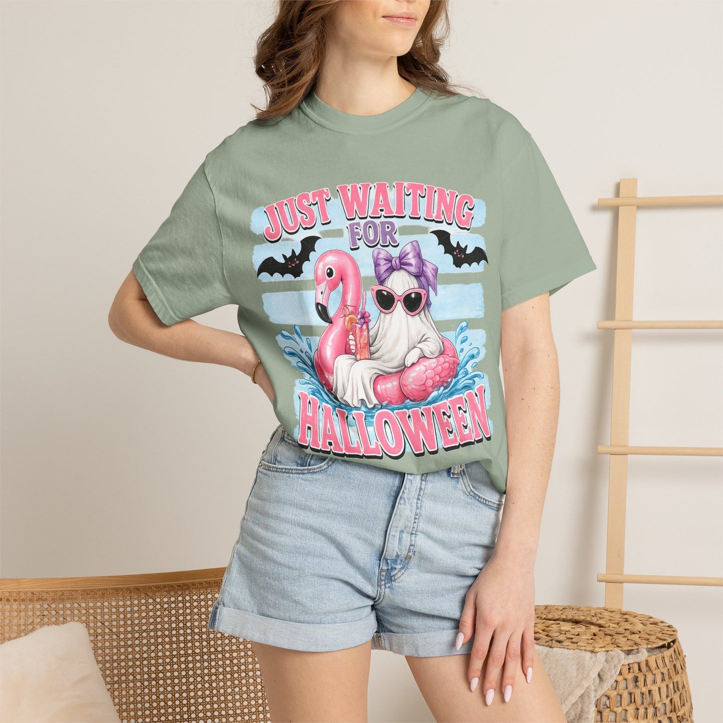 Halloween Flamingo T-Shirt — "Just Waiting for Halloween" Cute Spooky Summer Vibe