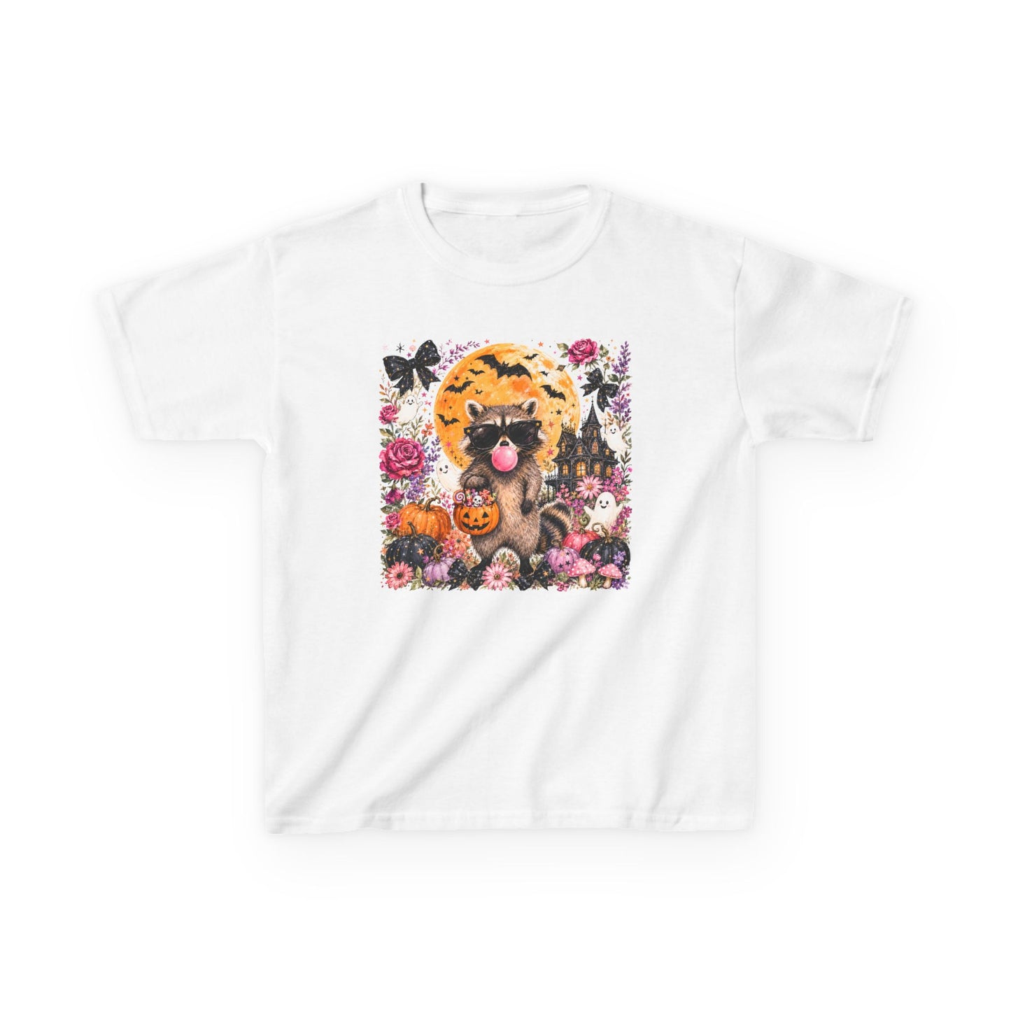 Kids Halloween Cat T-Shirt — Cute Black Cat with Pumpkin & Moon