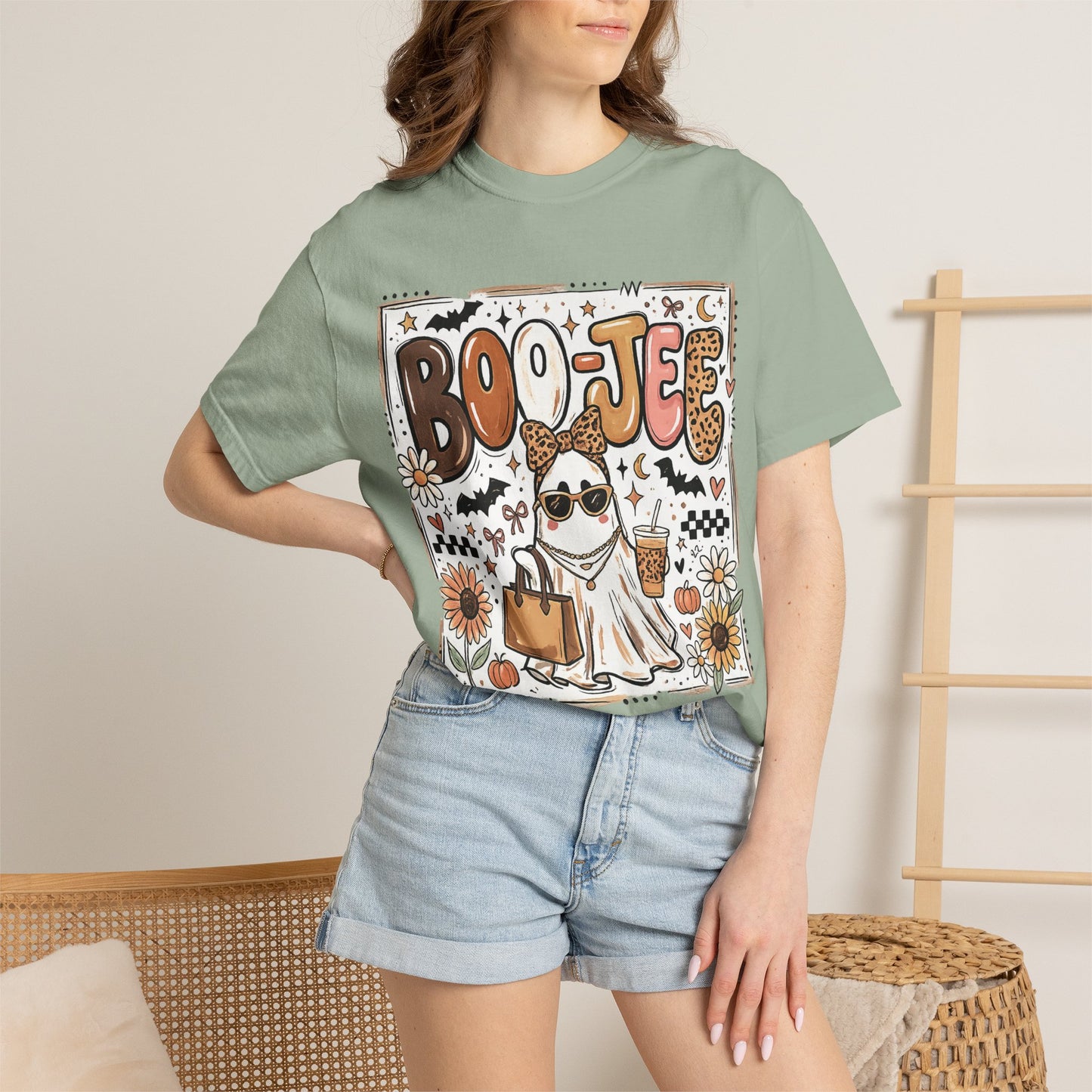 Halloween Boo-je T-Shirt — Cute Ghost with Pumpkin, Sunflower & Candy Trick-or-Treat Tee
