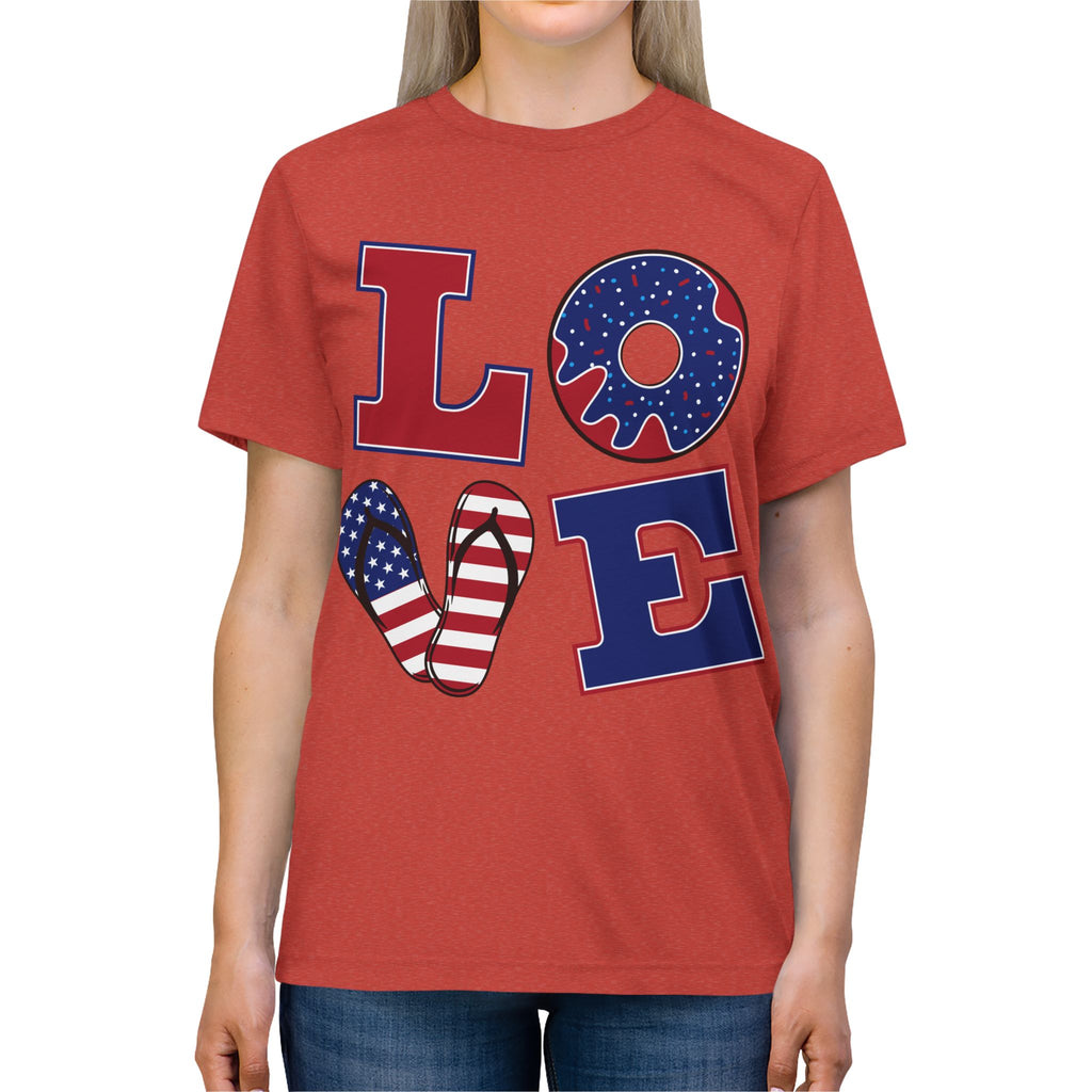 Patriotic LOVE T-Shirt — American Flag Donut & Flip-Flop Graphic Tee