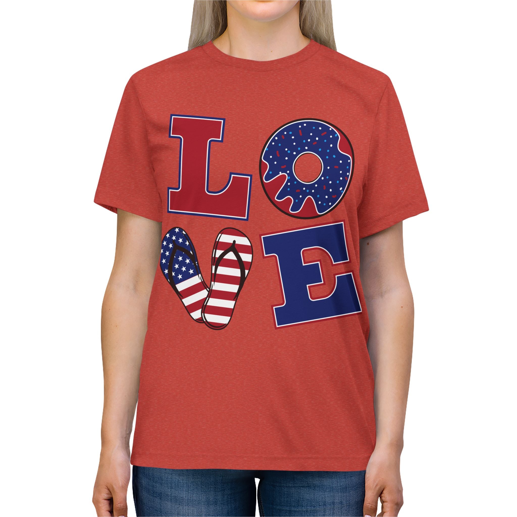 Patriotic LOVE T-Shirt — American Flag Donut & Flip-Flop Graphic Tee