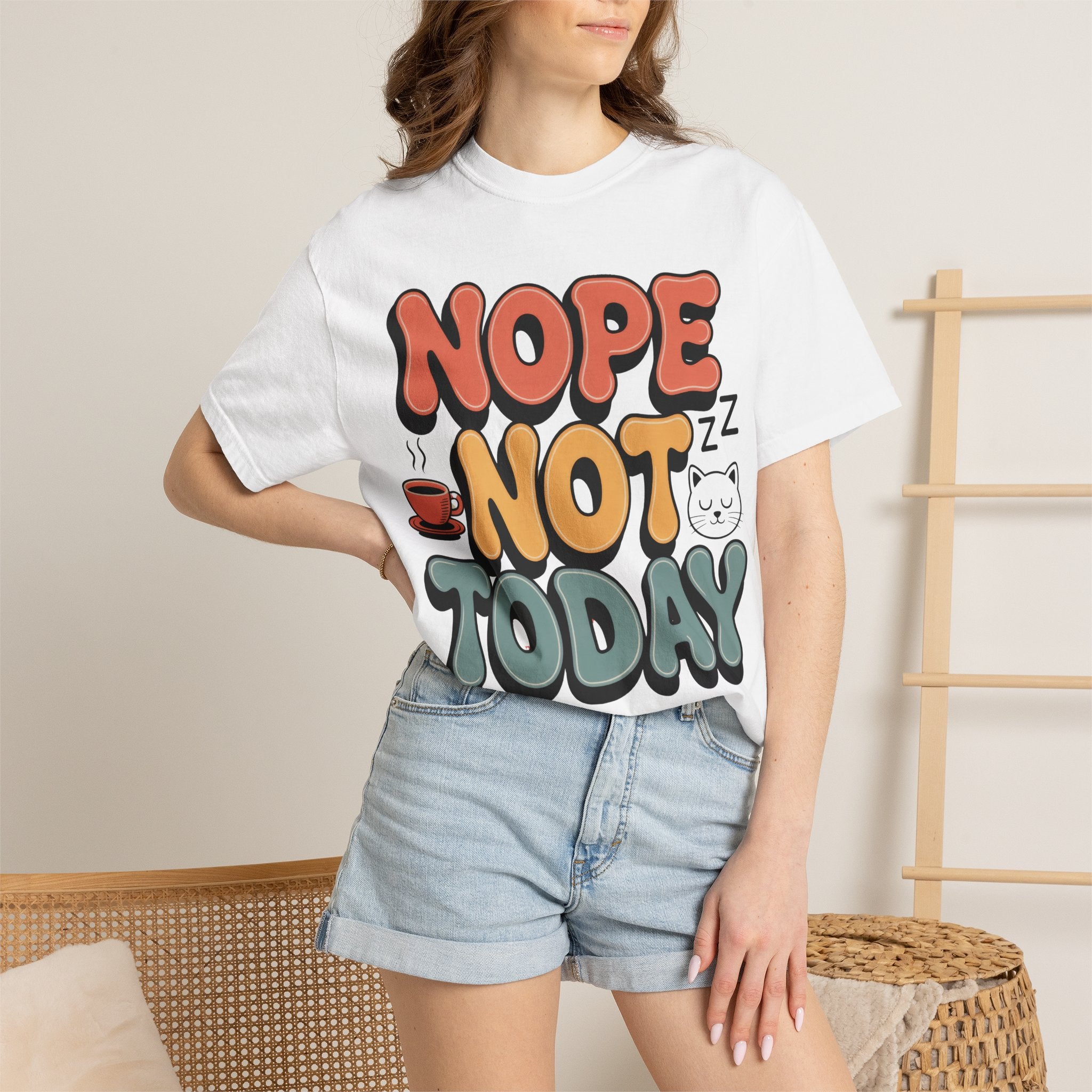 Nope Not Today T‑Shirt — Retro Cozy Graphic Tee with Cat & Coffee