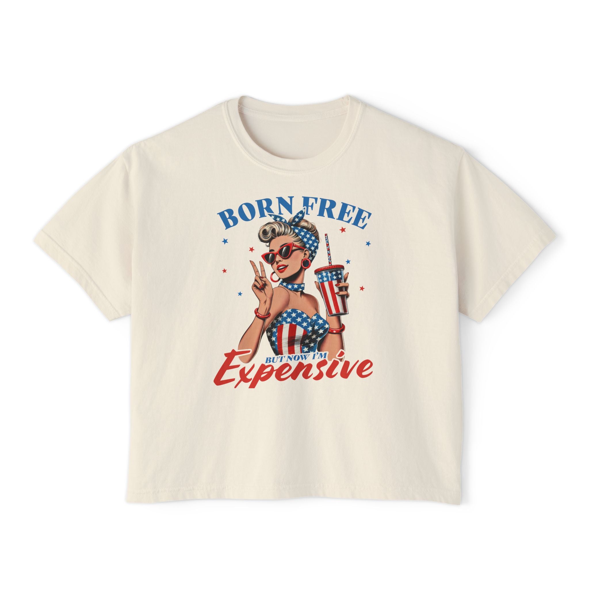 Born Free But Not Cheap Graphic Tee — Women's Patriotic 4th of July Boxy Shirt