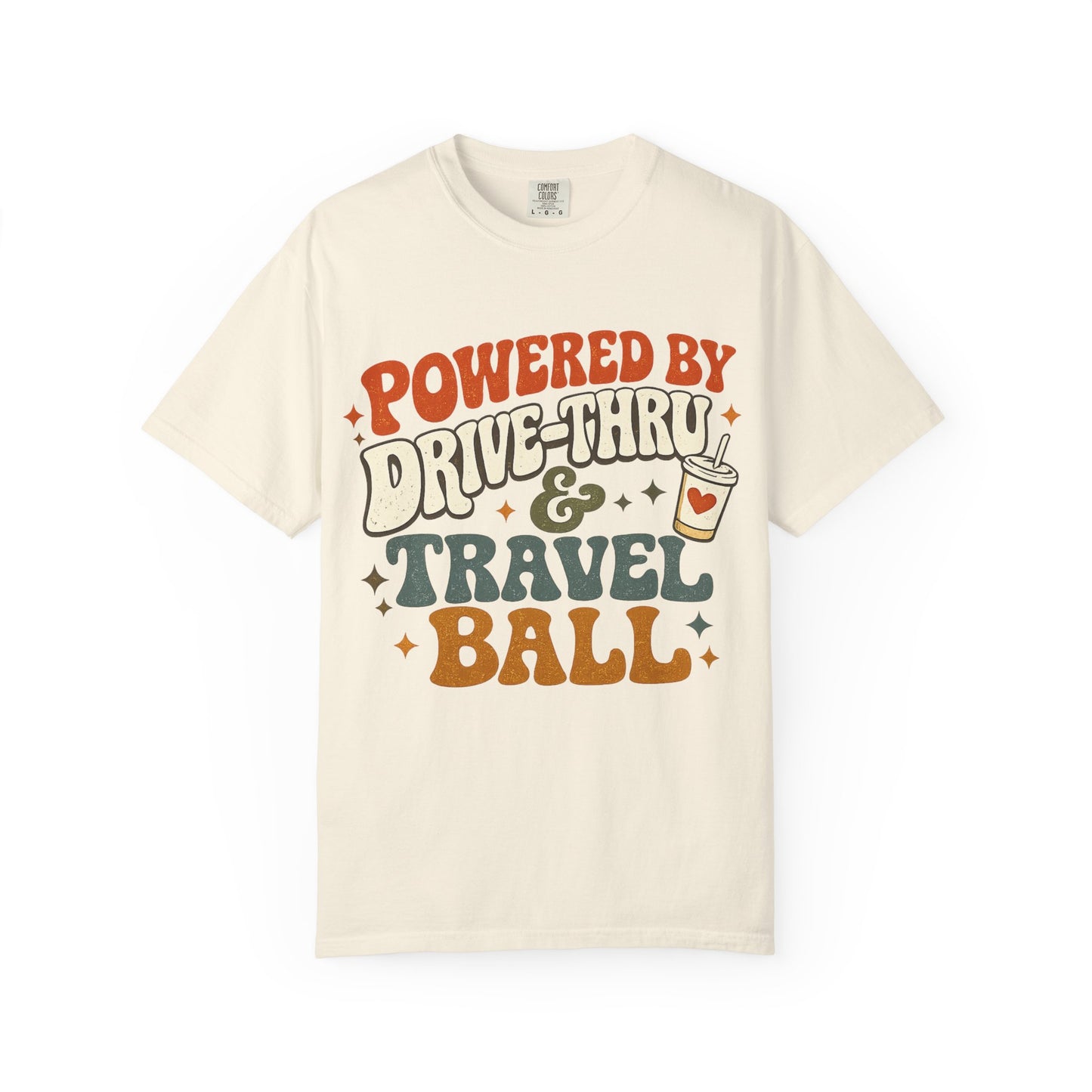 Travel & Snack Lover T‑Shirt — "Powered by Drive‑Thru & Travel Ball" Retro Tee
