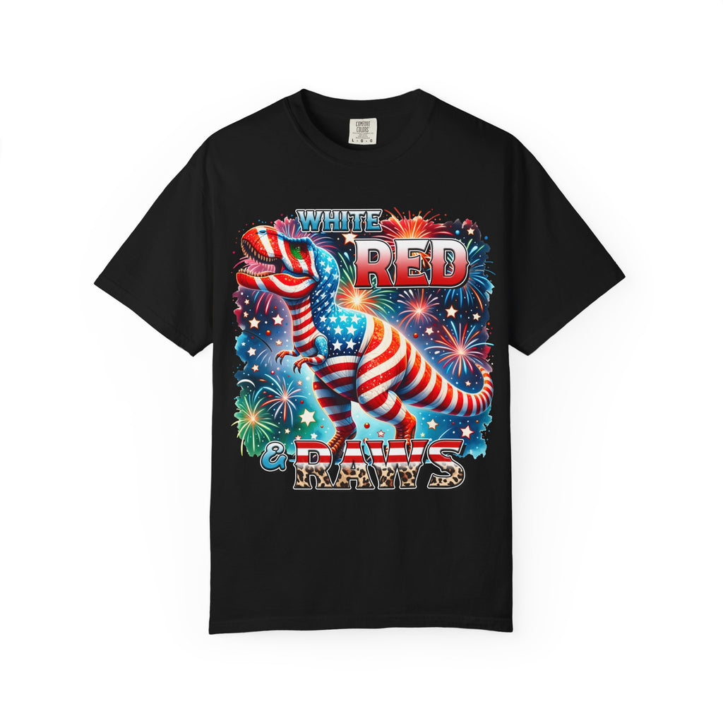 T-Shirt — "White, Red & Raws" Patriotic USA Dinosaur Fireworks Tee