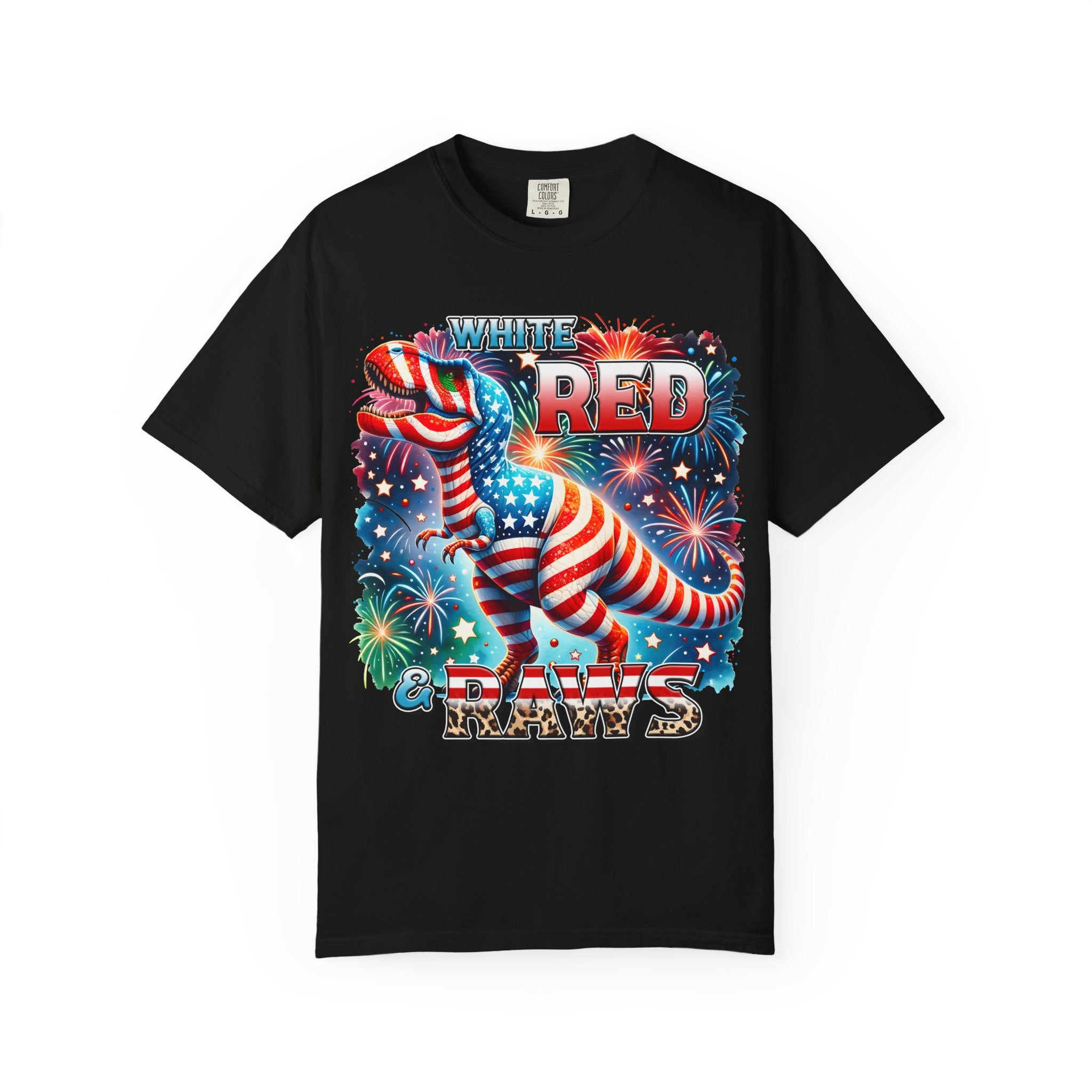 T-Shirt — "White, Red & Raws" Patriotic USA Dinosaur Fireworks Tee