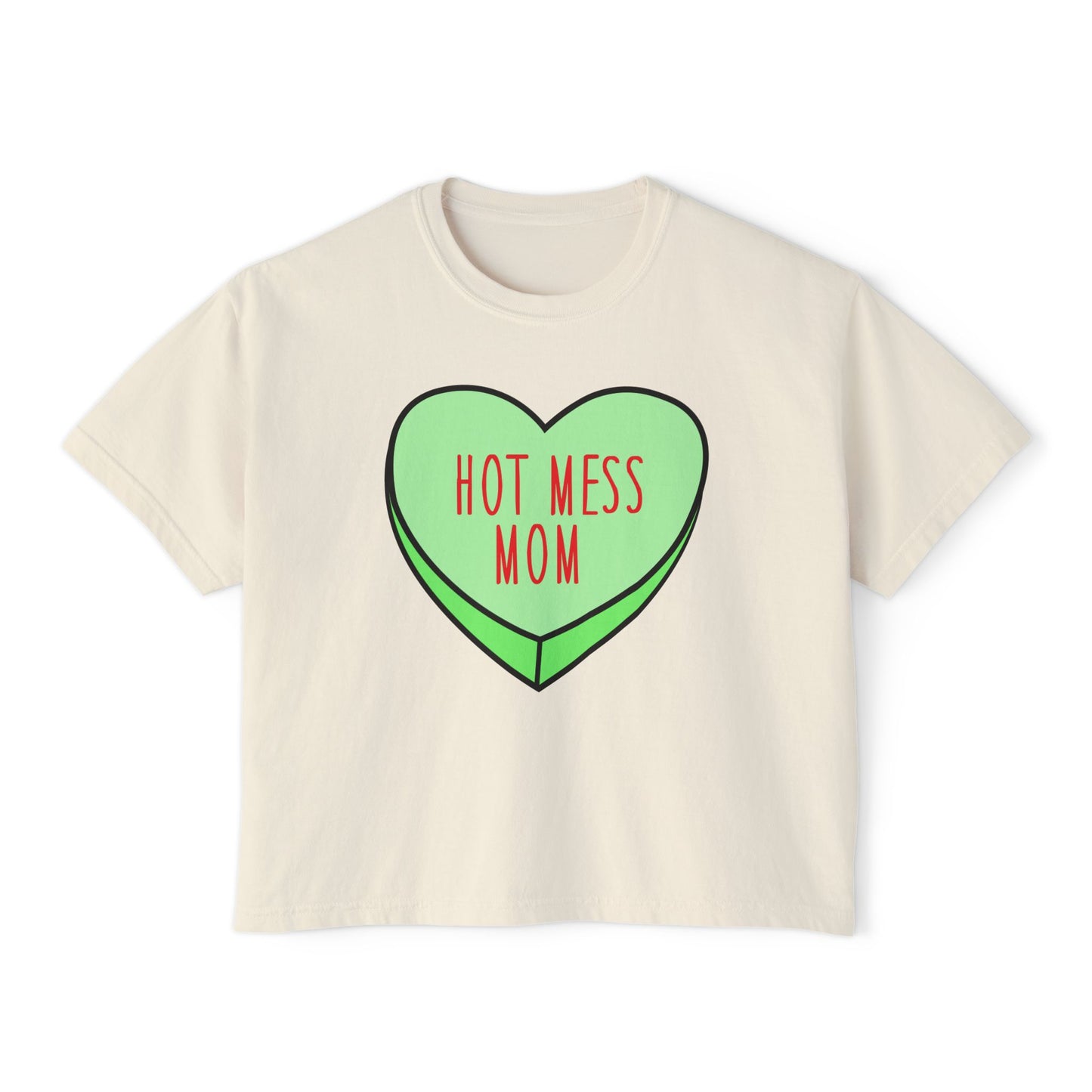 Hot Mess Mom Boxy Tee — Funny Mom T‑Shirt, Retro Candy Heart Design