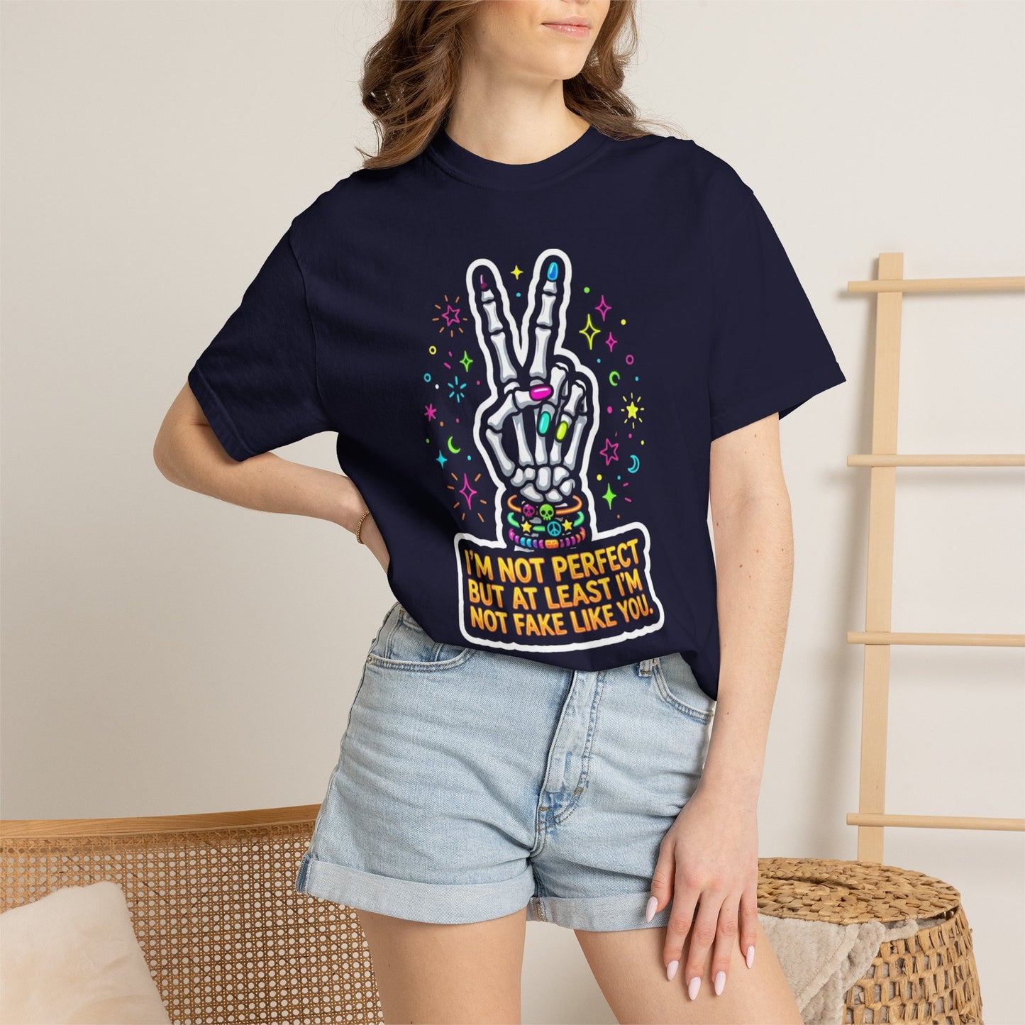 Skeleton Peace Sign T-Shirt — "I’m Not Perfect But At Least I’m Not Fake Like You" Graphic Tee