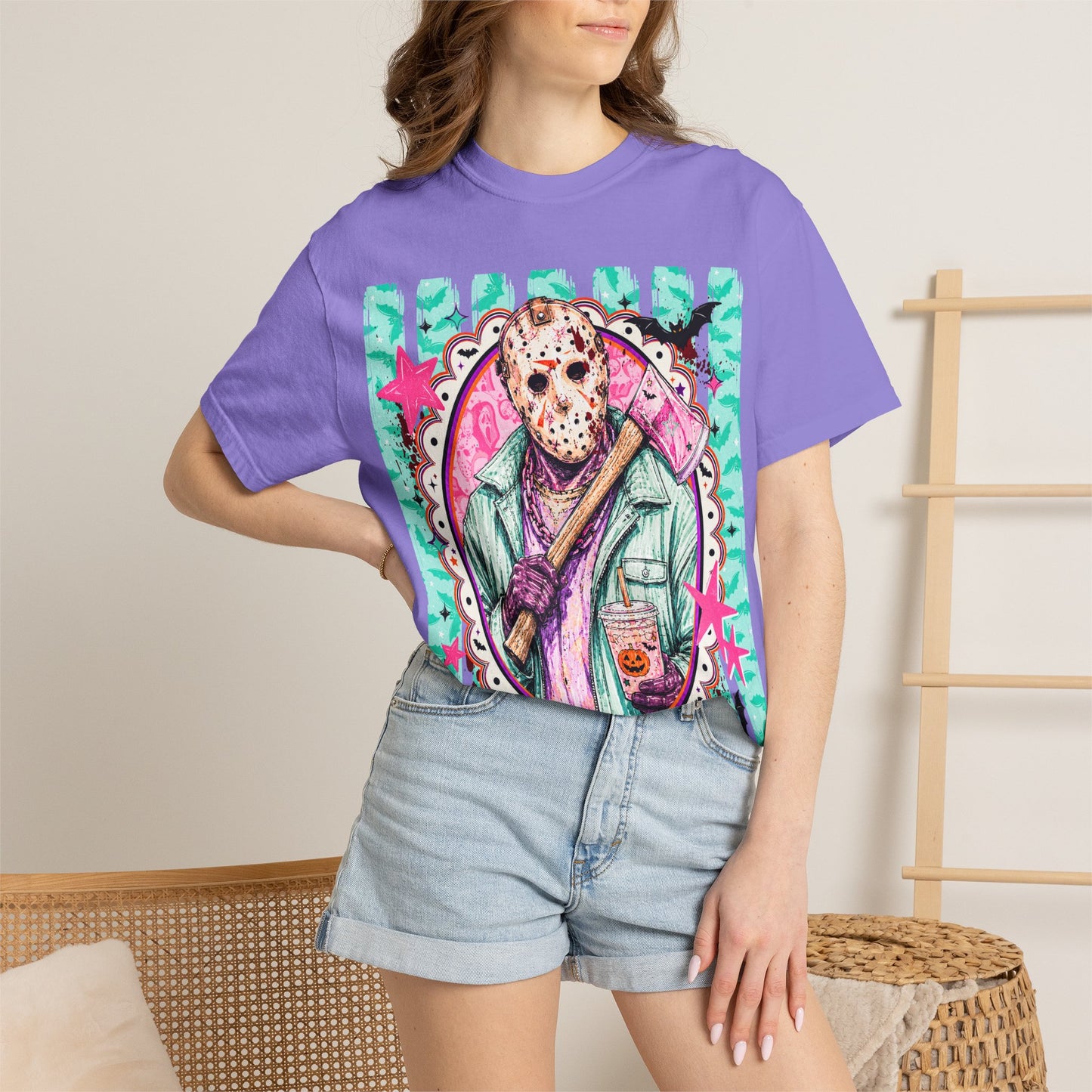 Hockey Mask Horror Graphic T-Shirt — Retro Pastel Jason Design