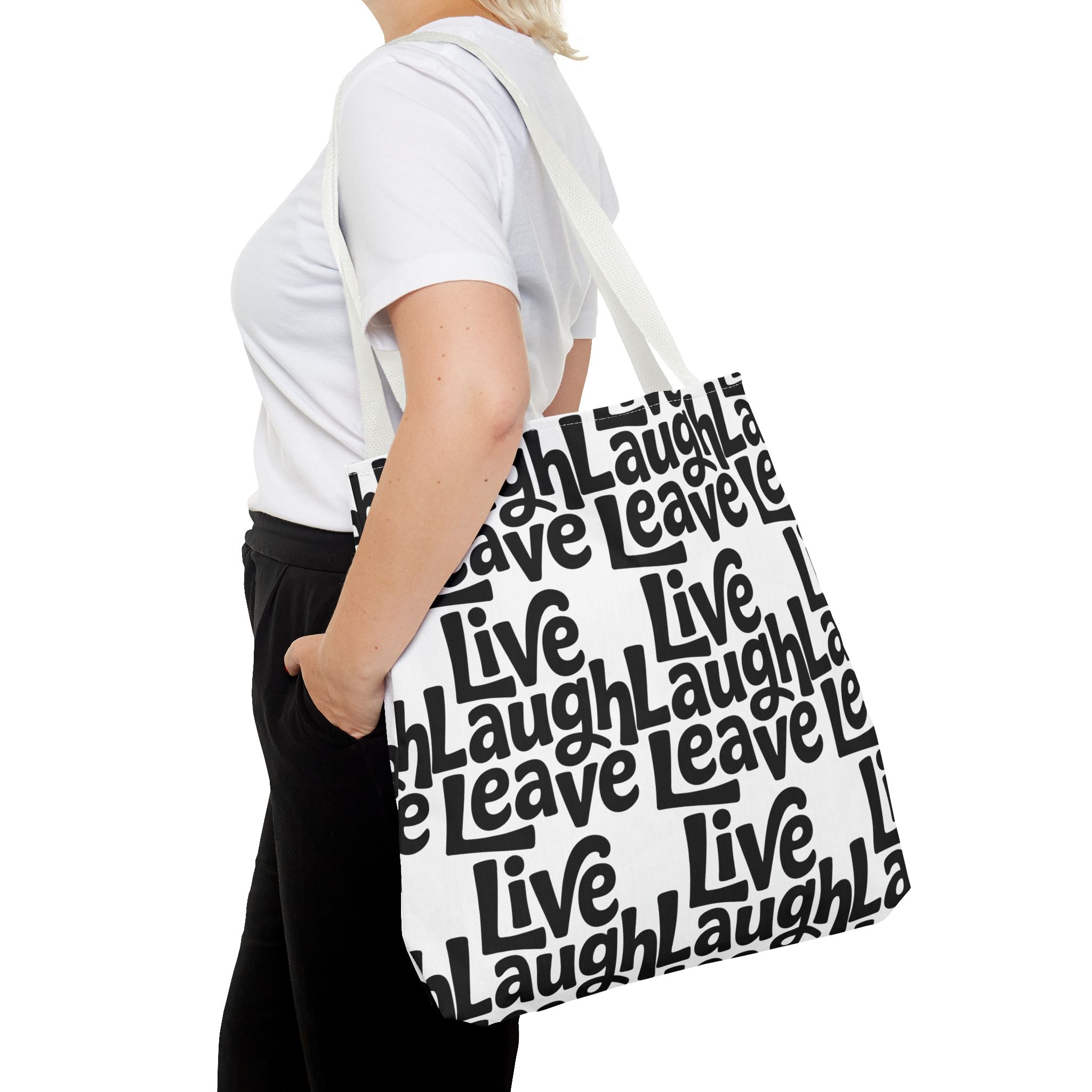 Live Laugh Leave Pattern Tote Bag – Black & White Motivational All-Over Print