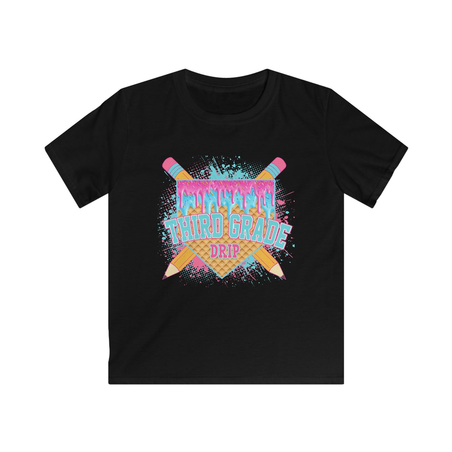 3rd Grade Vibes Kids T-Shirt — Colorful Back-to-School Design (Pencils & Drip)