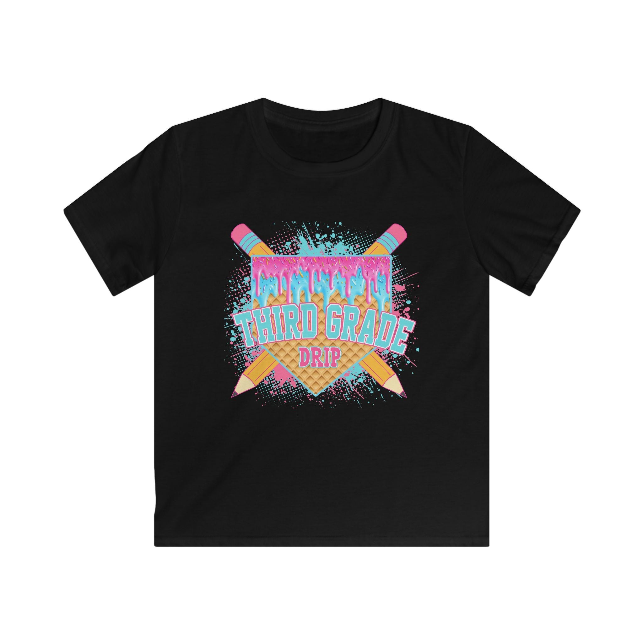 3rd Grade Vibes Kids T-Shirt — Colorful Back-to-School Design (Pencils & Drip)