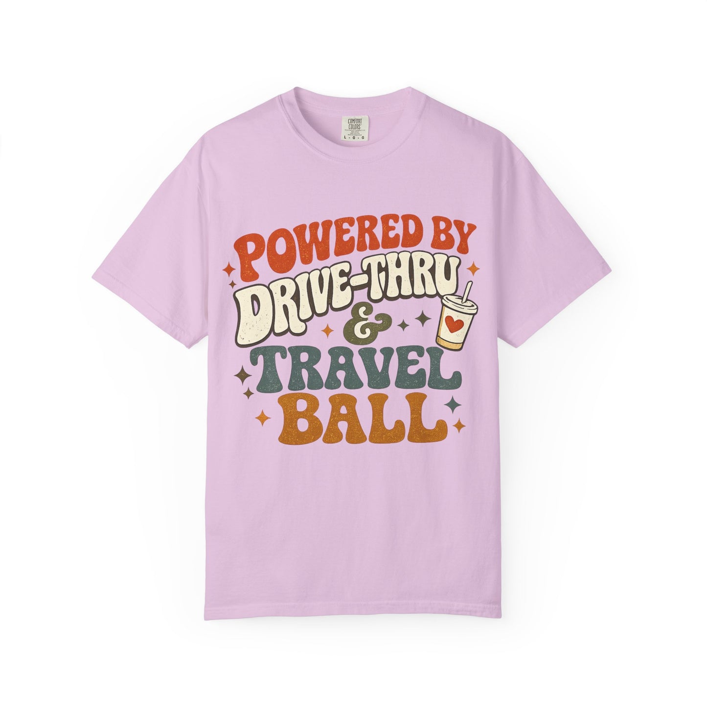 Travel & Snack Lover T‑Shirt — "Powered by Drive‑Thru & Travel Ball" Retro Tee