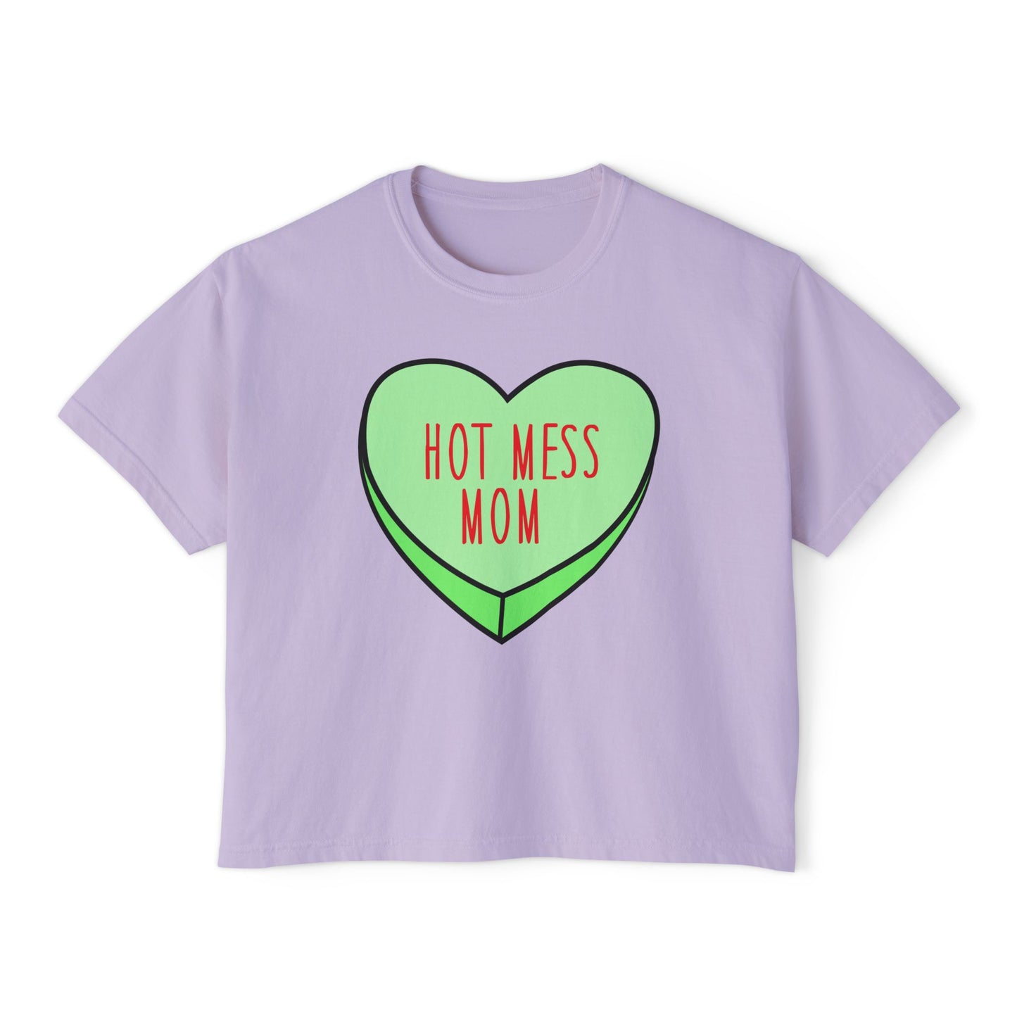 Hot Mess Mom Boxy Tee — Funny Mom T‑Shirt, Retro Candy Heart Design