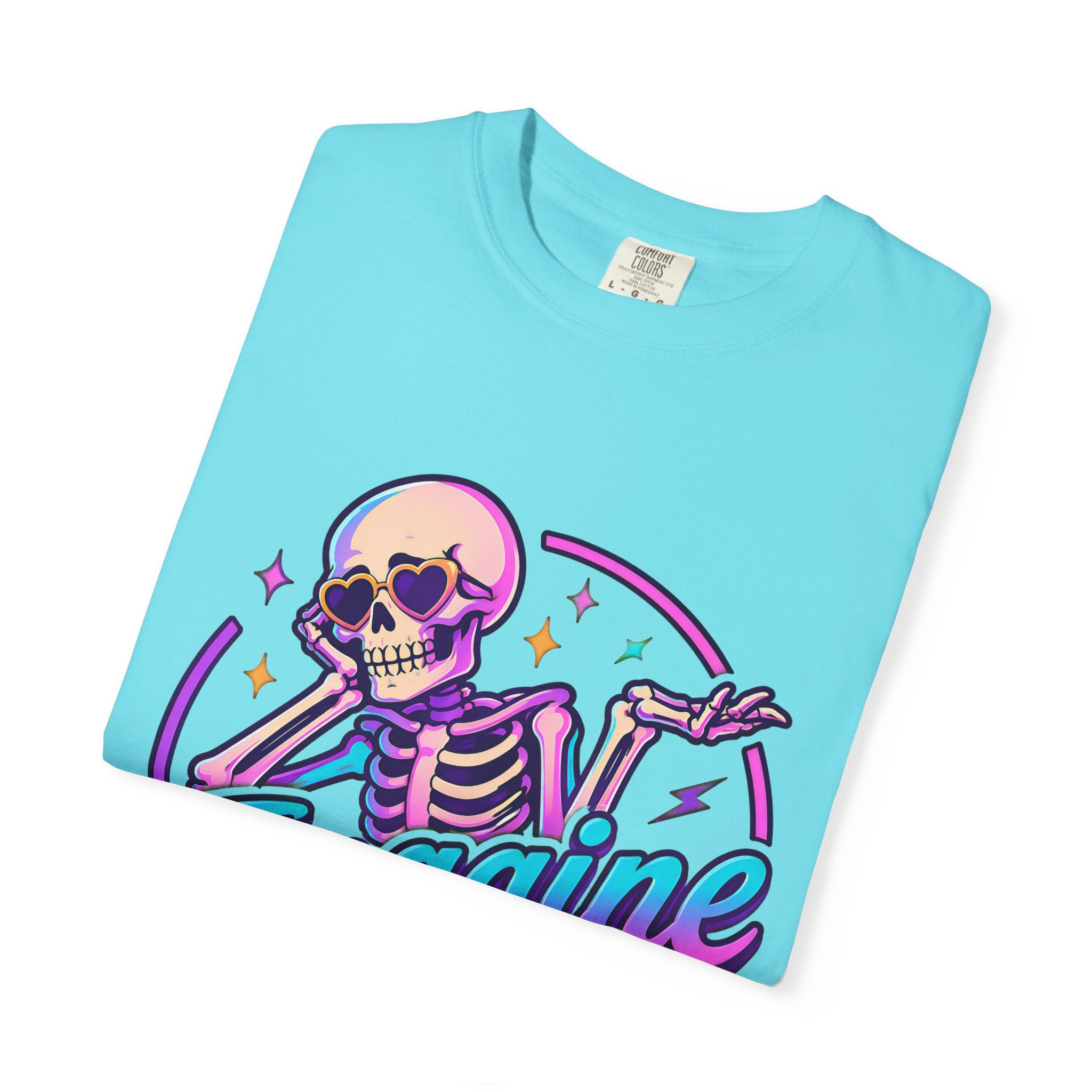 Imagine Caring More T-Shirt — Retro Neon Skeleton Graphic Tee