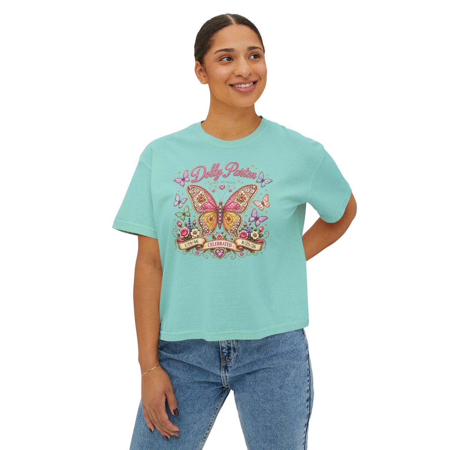 Butterfly Garden Women's Boxy Tee — 'Dolly Parton' Floral Tribute Shirt