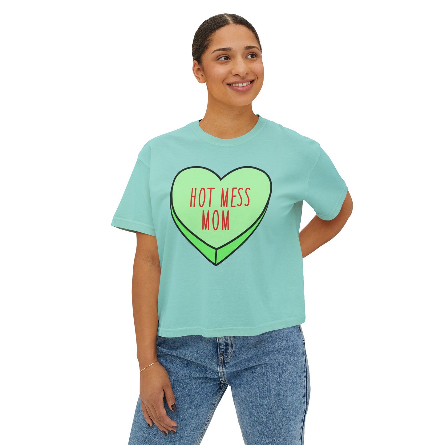 Hot Mess Mom Boxy Tee — Funny Mom T‑Shirt, Retro Candy Heart Design