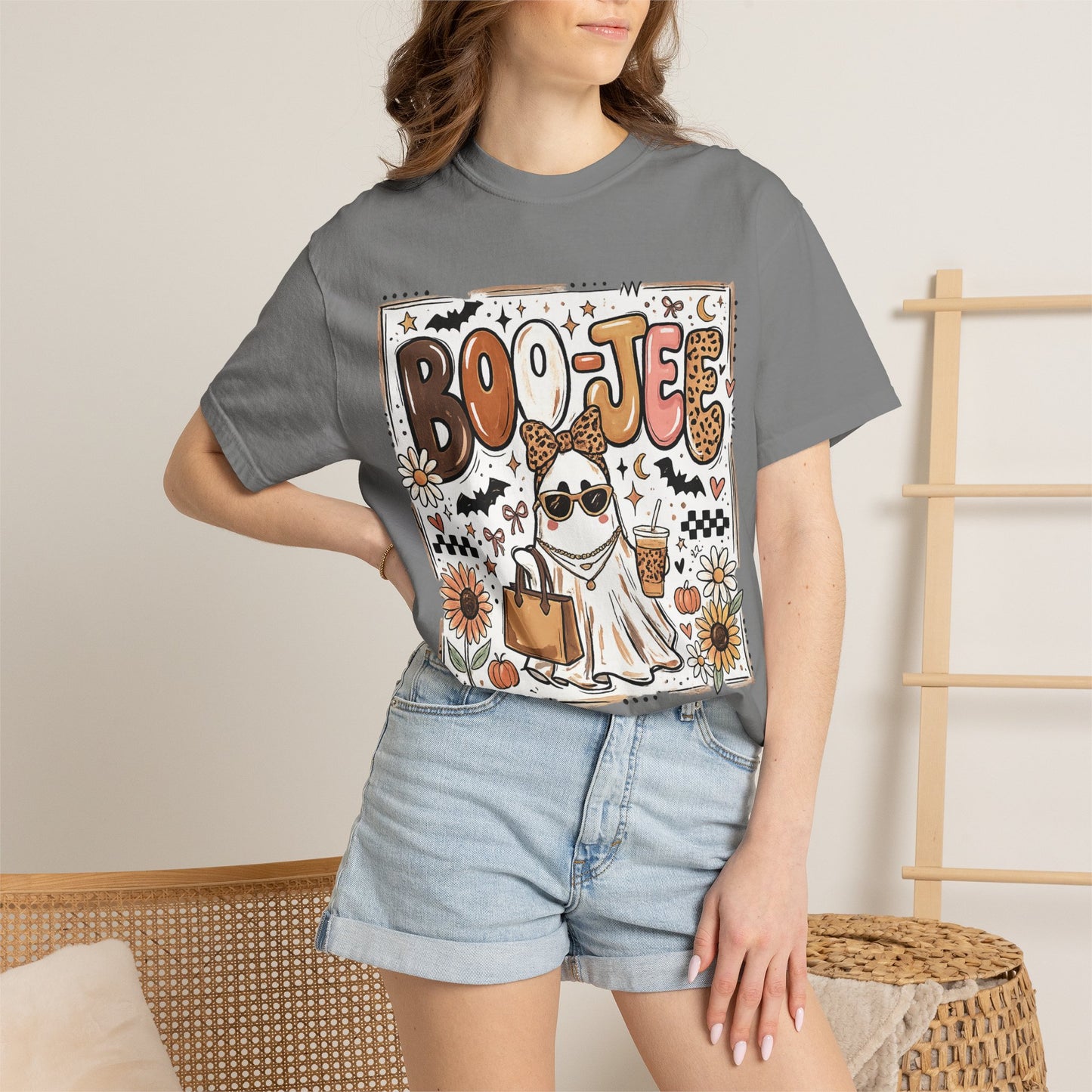 Halloween Boo-je T-Shirt — Cute Ghost with Pumpkin, Sunflower & Candy Trick-or-Treat Tee