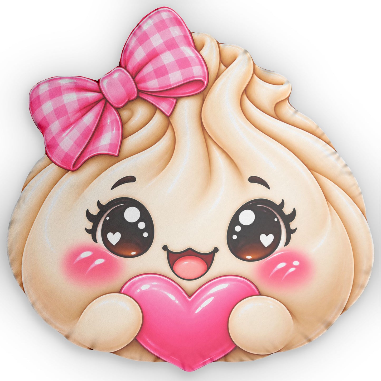 Kawaii Dumpling Shaped Pillow — Cute Pink Bow & Heart Plush