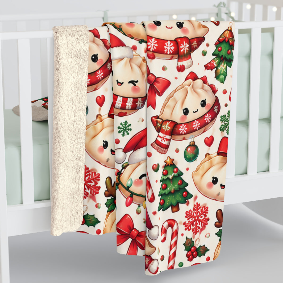 Cute Christmas Dumpling Sherpa Fleece Blanket — Holiday Dim Sum Pattern