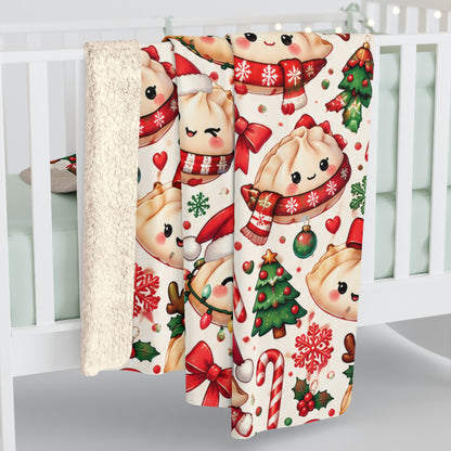 Cute Christmas Dumpling Sherpa Fleece Blanket — Holiday Dim Sum Pattern
