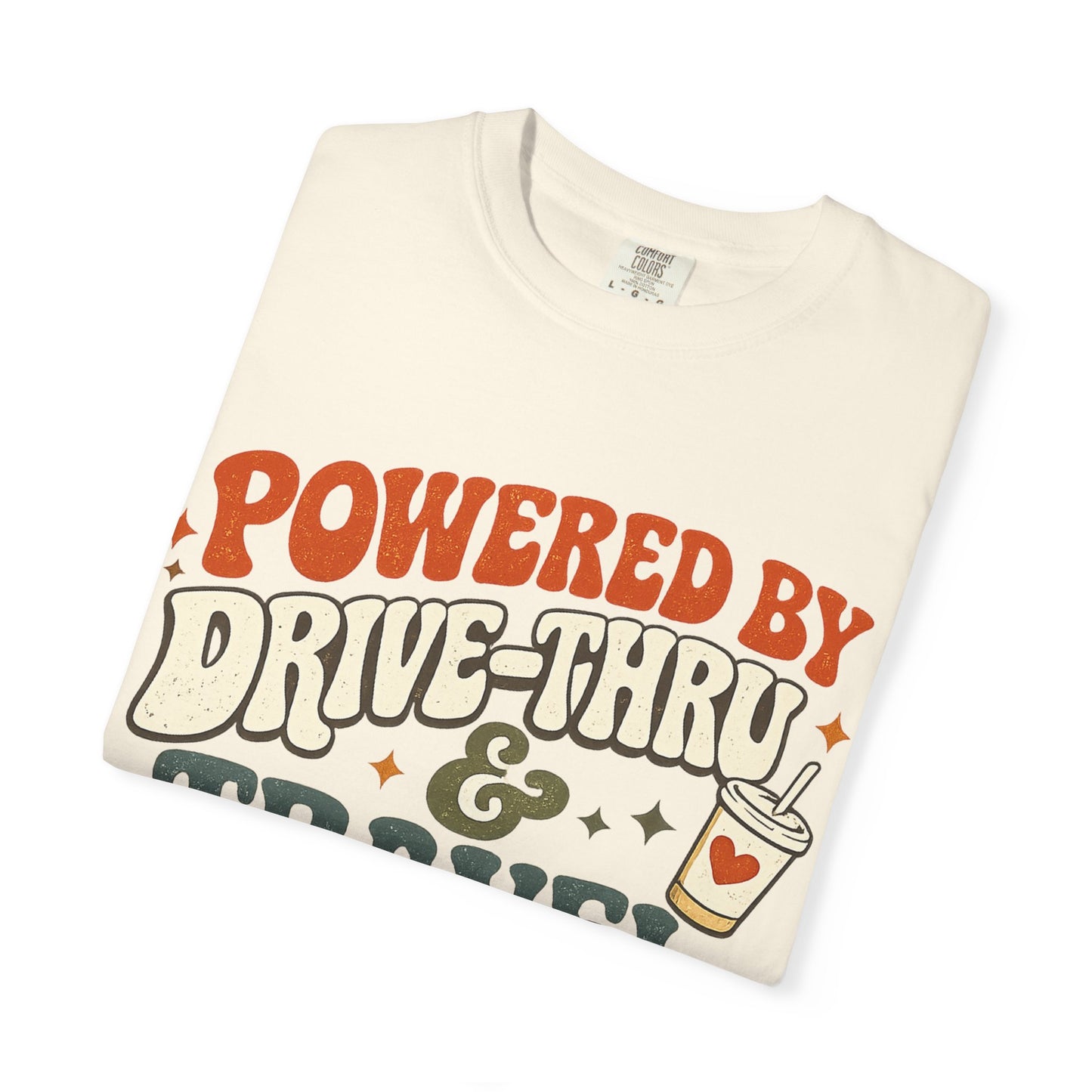 Travel & Snack Lover T‑Shirt — "Powered by Drive‑Thru & Travel Ball" Retro Tee