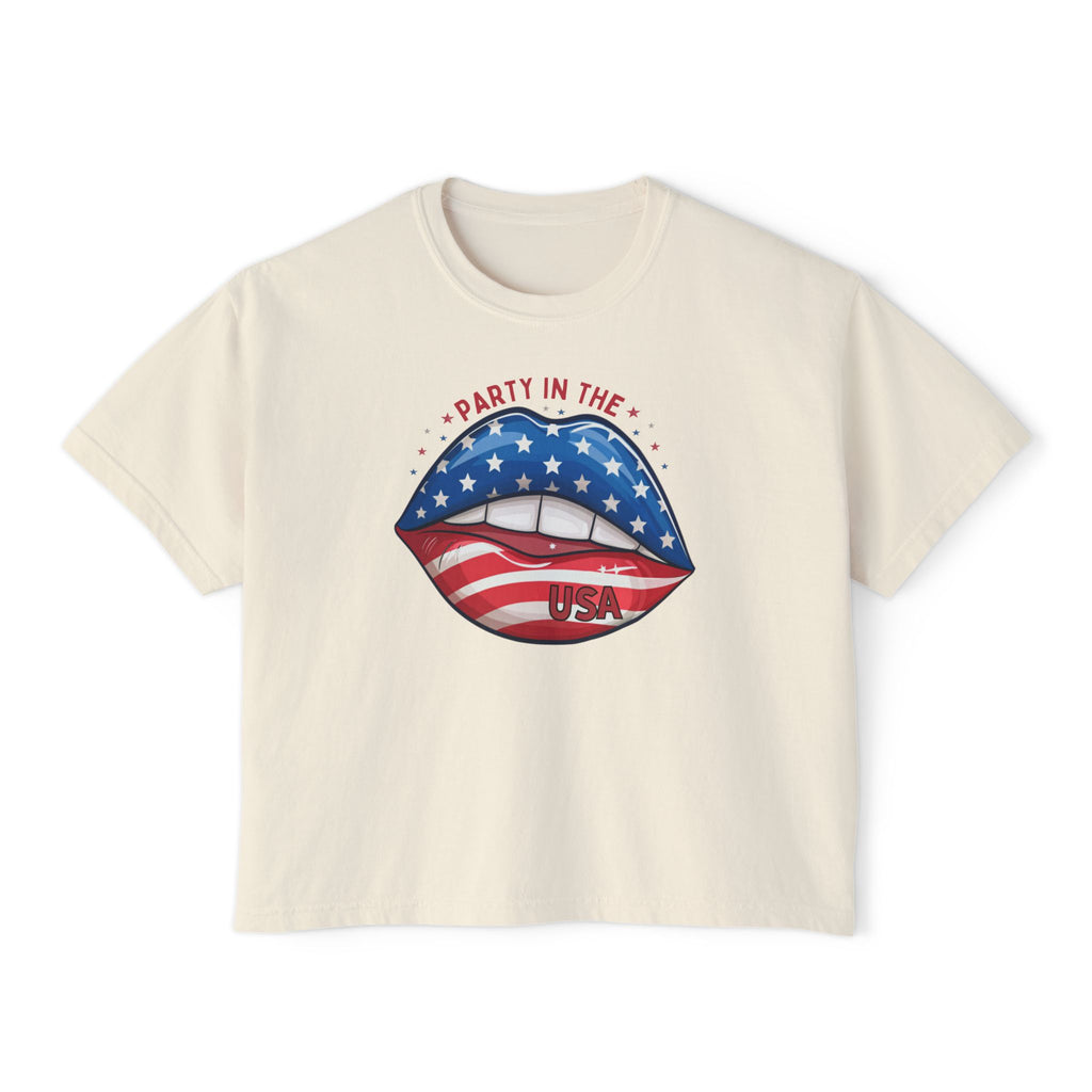 Patriotic Flag Lips Boxy Tee — "Party in the USA" 4th of July Shirt
