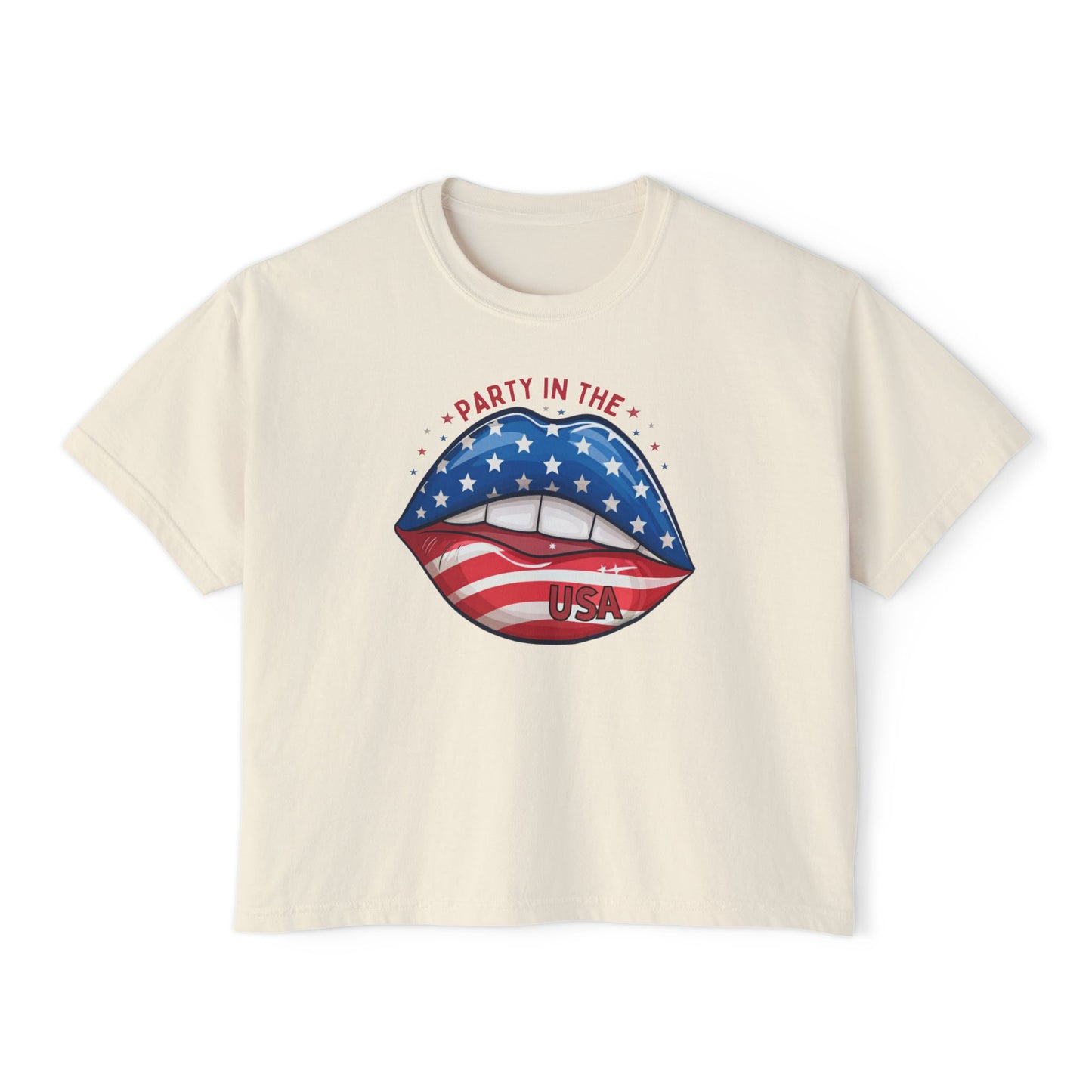 Patriotic Flag Lips Boxy Tee — "Party in the USA" 4th of July Shirt