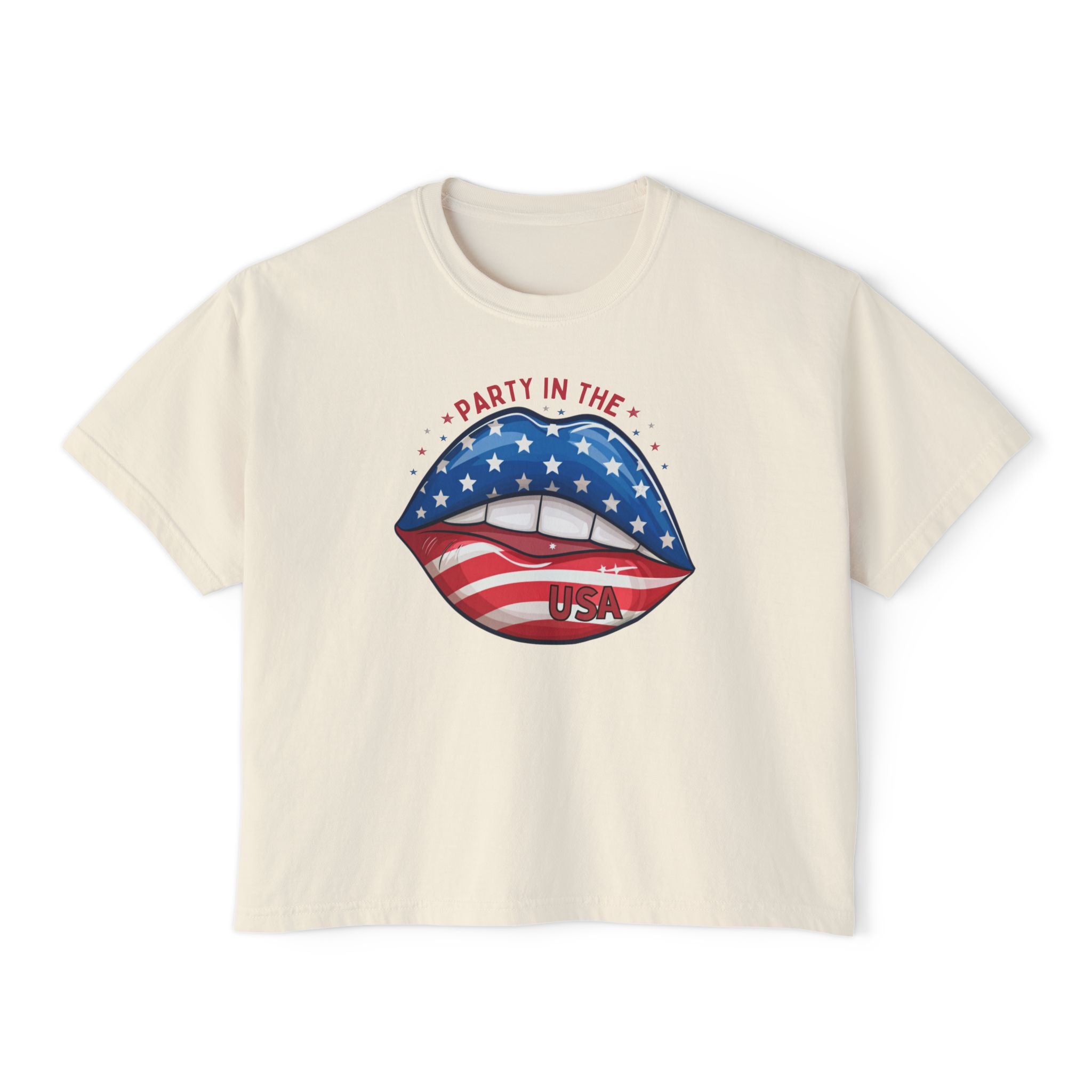 Patriotic Flag Lips Boxy Tee — "Party in the USA" 4th of July Shirt