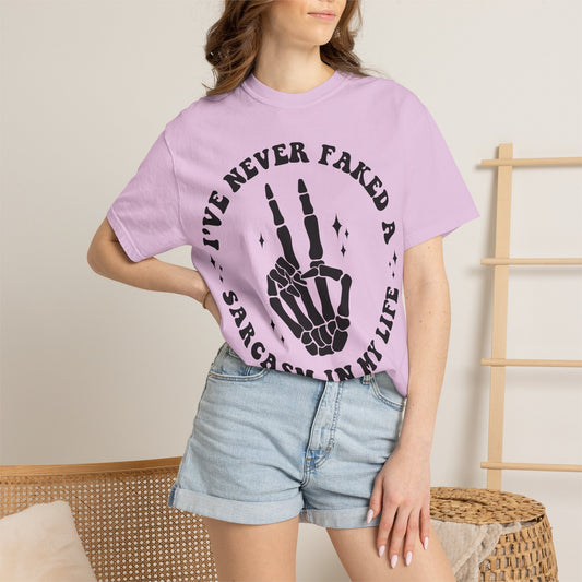 Sarcastic Skeleton Peace Sign T-Shirt — "I've Never Faked A Sarcasm In My Life" Graphic Tee
