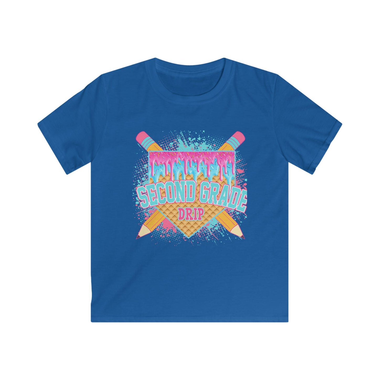 Second Grade Drip Kids T‑Shirt — Colorful Pencil Back‑to‑School Tee