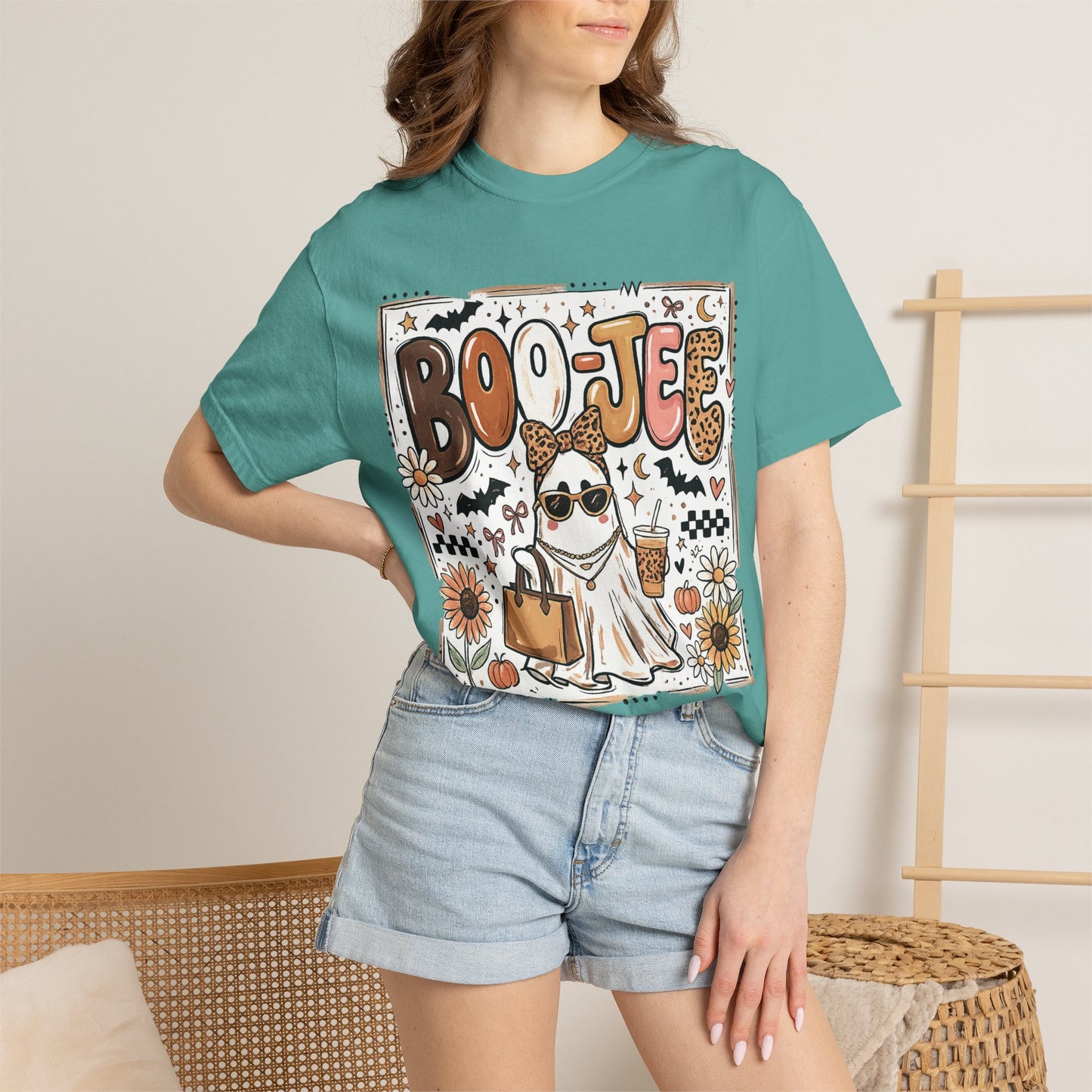 Halloween Boo-je T-Shirt — Cute Ghost with Pumpkin, Sunflower & Candy Trick-or-Treat Tee