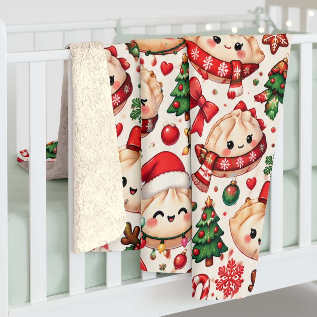 Cute Christmas Dumpling Sherpa Fleece Blanket — Holiday Dim Sum Pattern