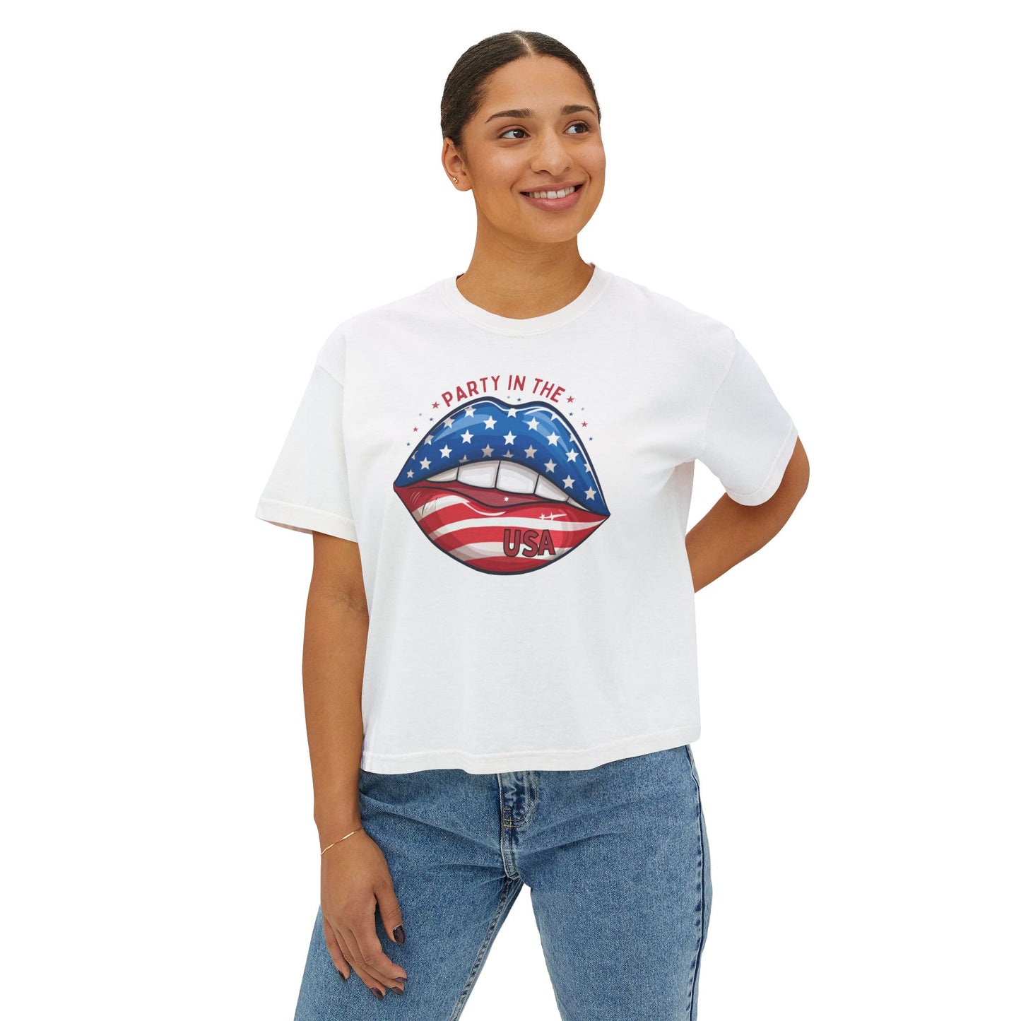 Patriotic Flag Lips Boxy Tee — "Party in the USA" 4th of July Shirt