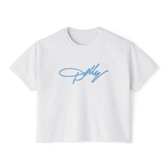 Dolly Script Boxy Tee — Casual Signature Crop T‑Shirt