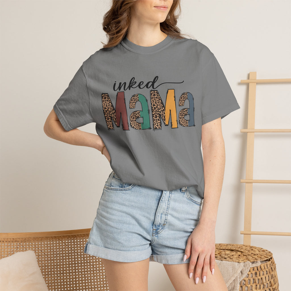 Inked Mama Graphic T-Shirt — Leopard & Patchwork Letters, Tattoo Mom Gift