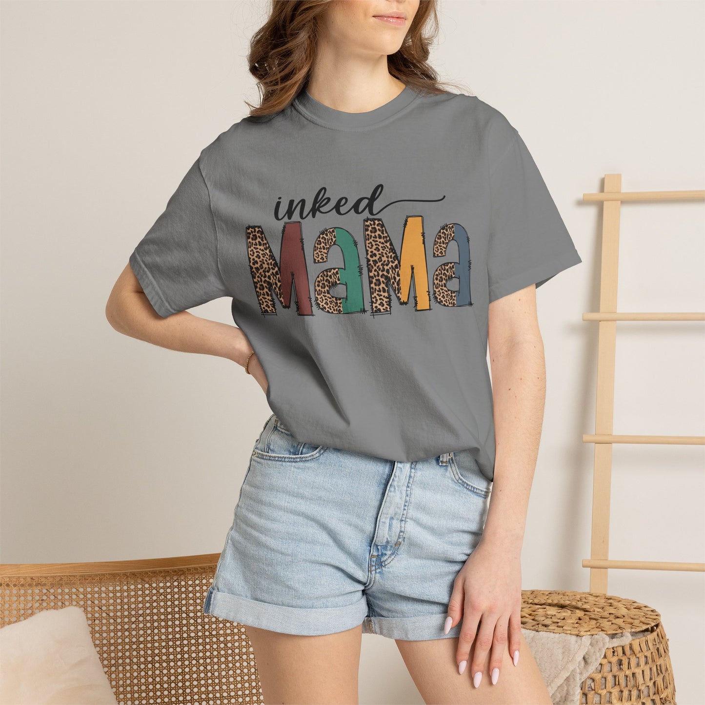 Inked Mama Graphic T-Shirt — Leopard & Patchwork Letters, Tattoo Mom Gift
